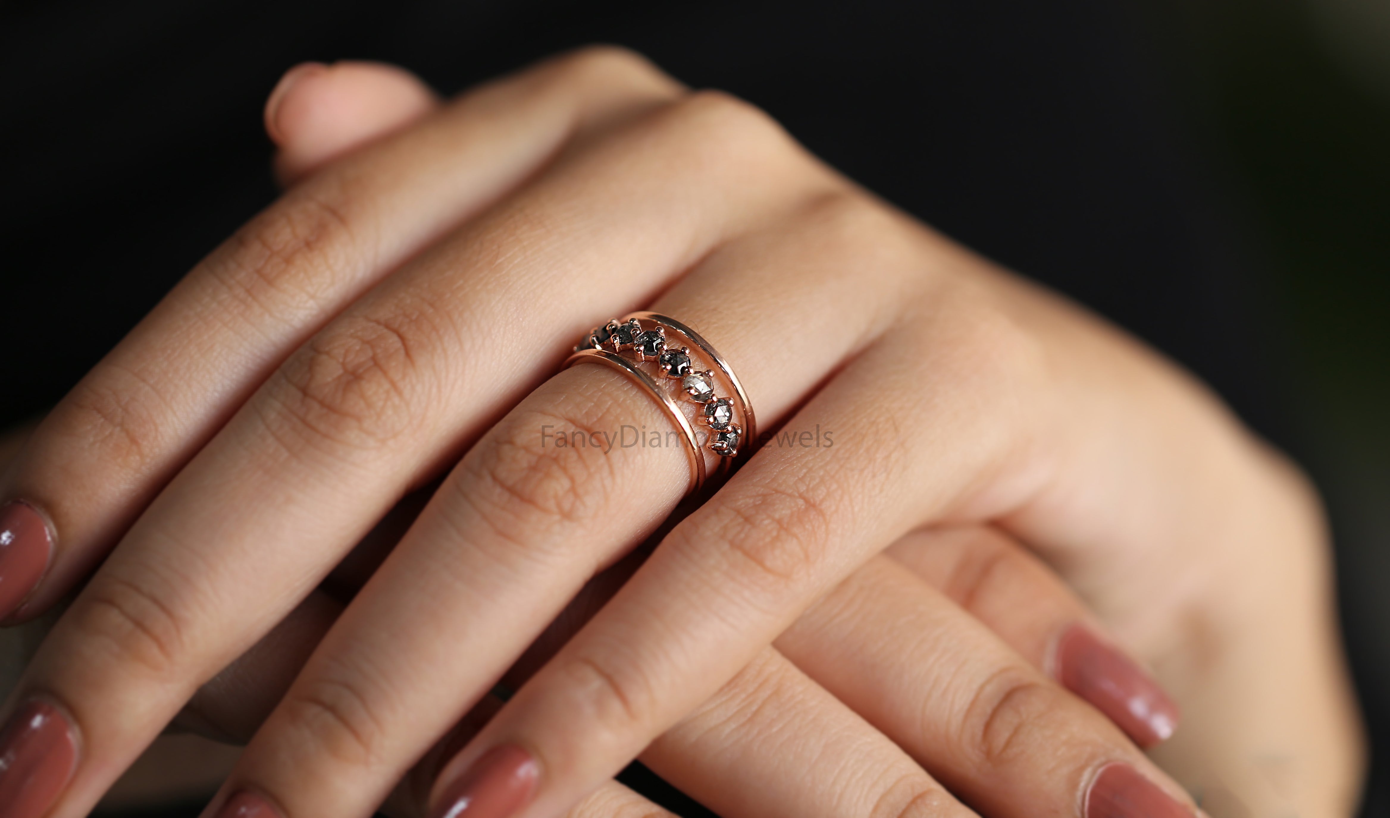 Round Rose Cut salt and pepper Diamond Ring, Salt and pepper Rose Diamond Engagement Ring, Rose Cut Diamond Ring ,Rose Shape Ring KD1211