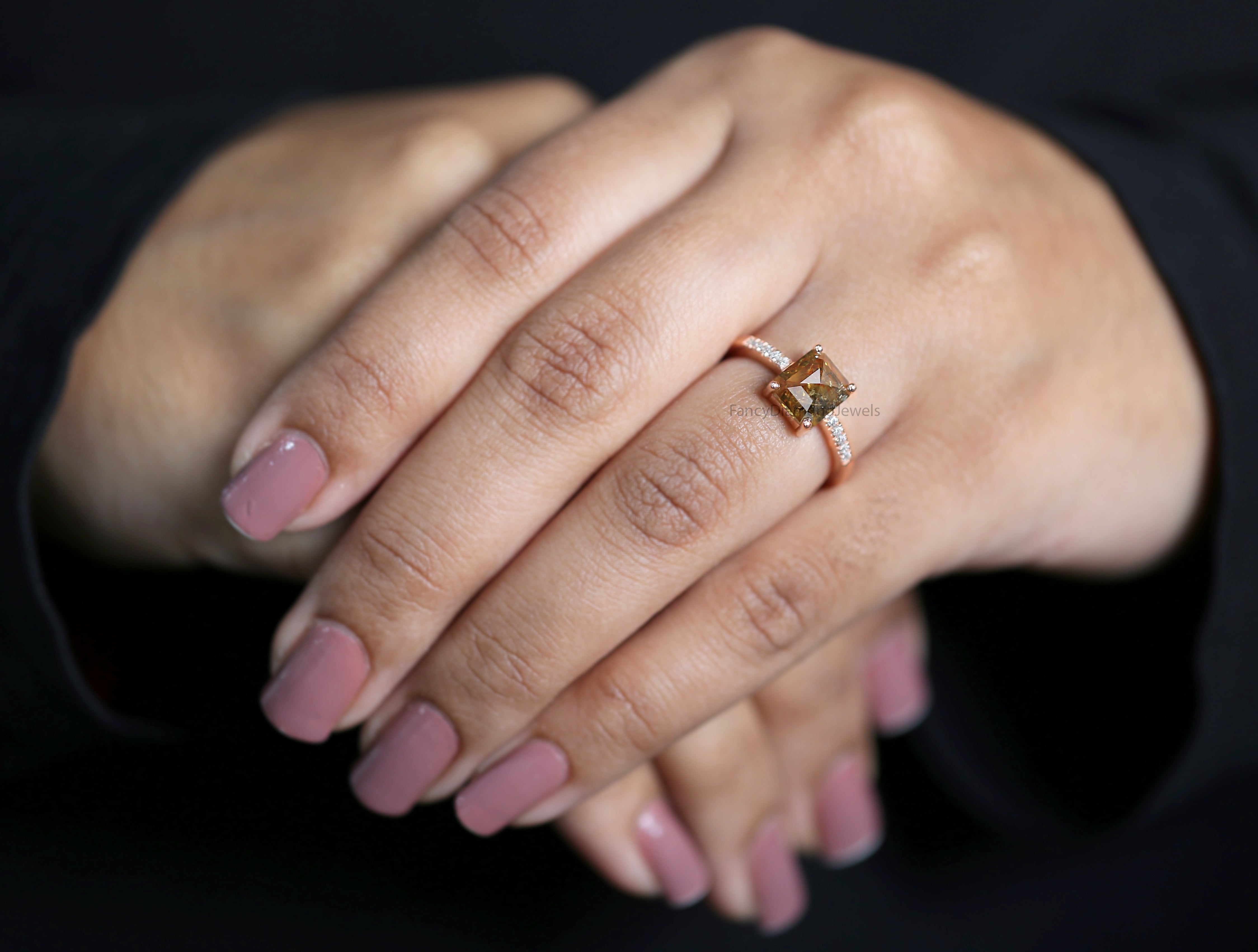 Radiant Cut Brown Color Diamond Ring 1.46 Ct 7.60 MM Radiant Diamond Ring 14K Solid Rose Gold Silver Engagement Ring Gift For Her QN9224