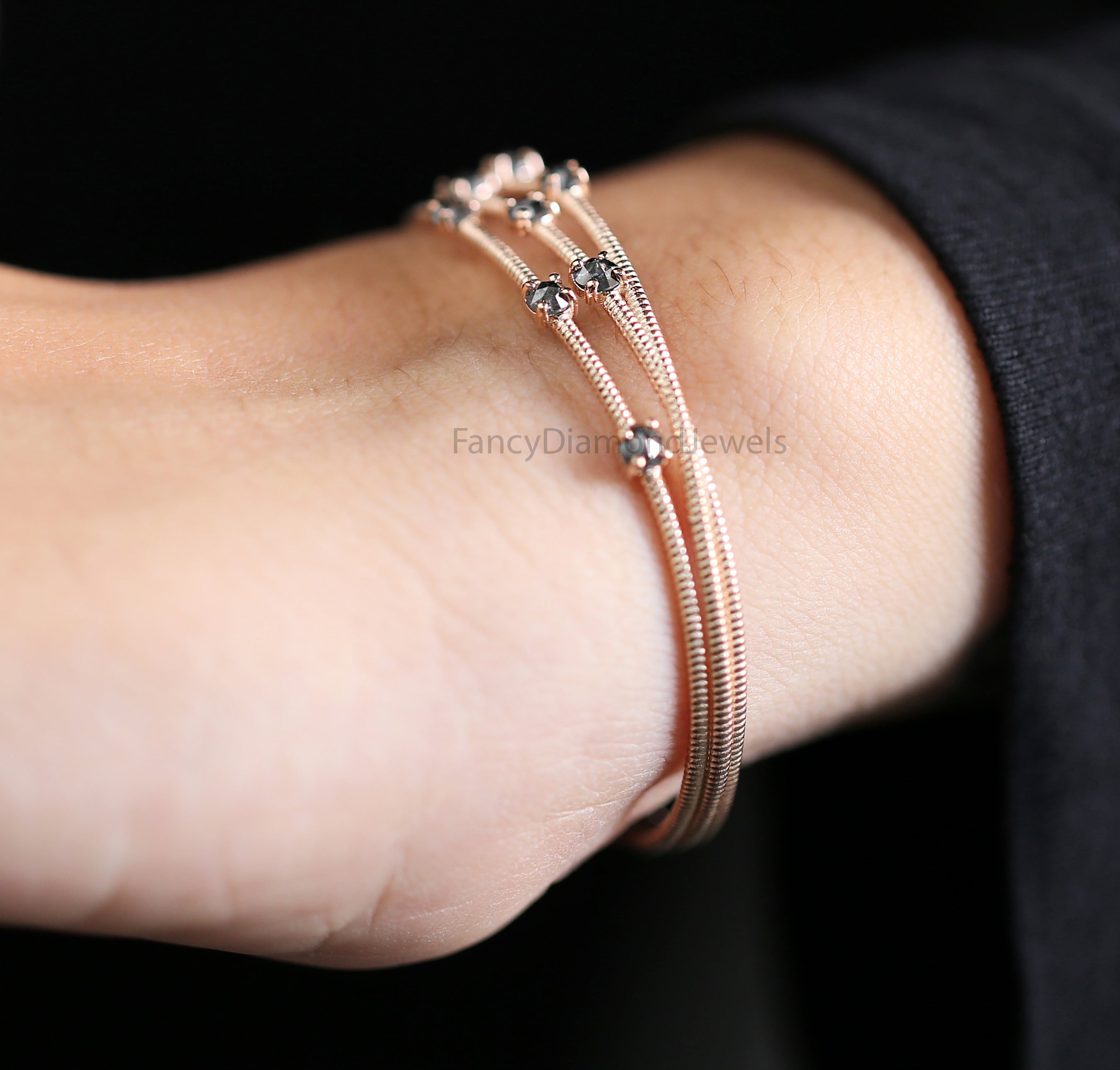 Rose Cut Salt And Pepper Diamond Bracelet, Round Shape Diamond Anniversary Gift Bracelet, Gold Bracelet, Round Cut Diamond Bracelet KDK2670