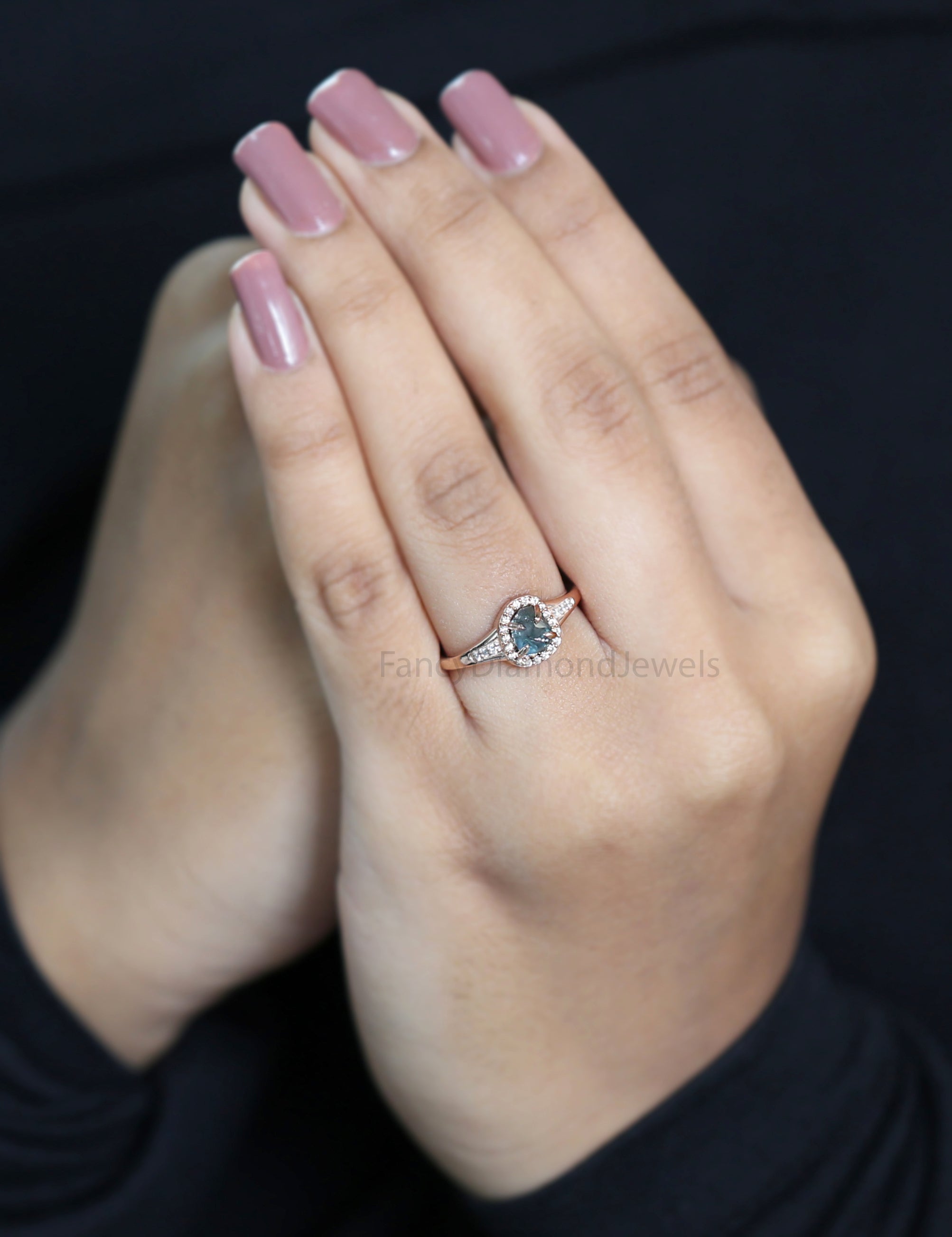 Rough Blue Color Diamond Ring 1.12 Ct 6.12 MM Crystal Rough Diamond Ring 14K Solid Rose Gold Silver Engagement Ring Gift For Her QL2319