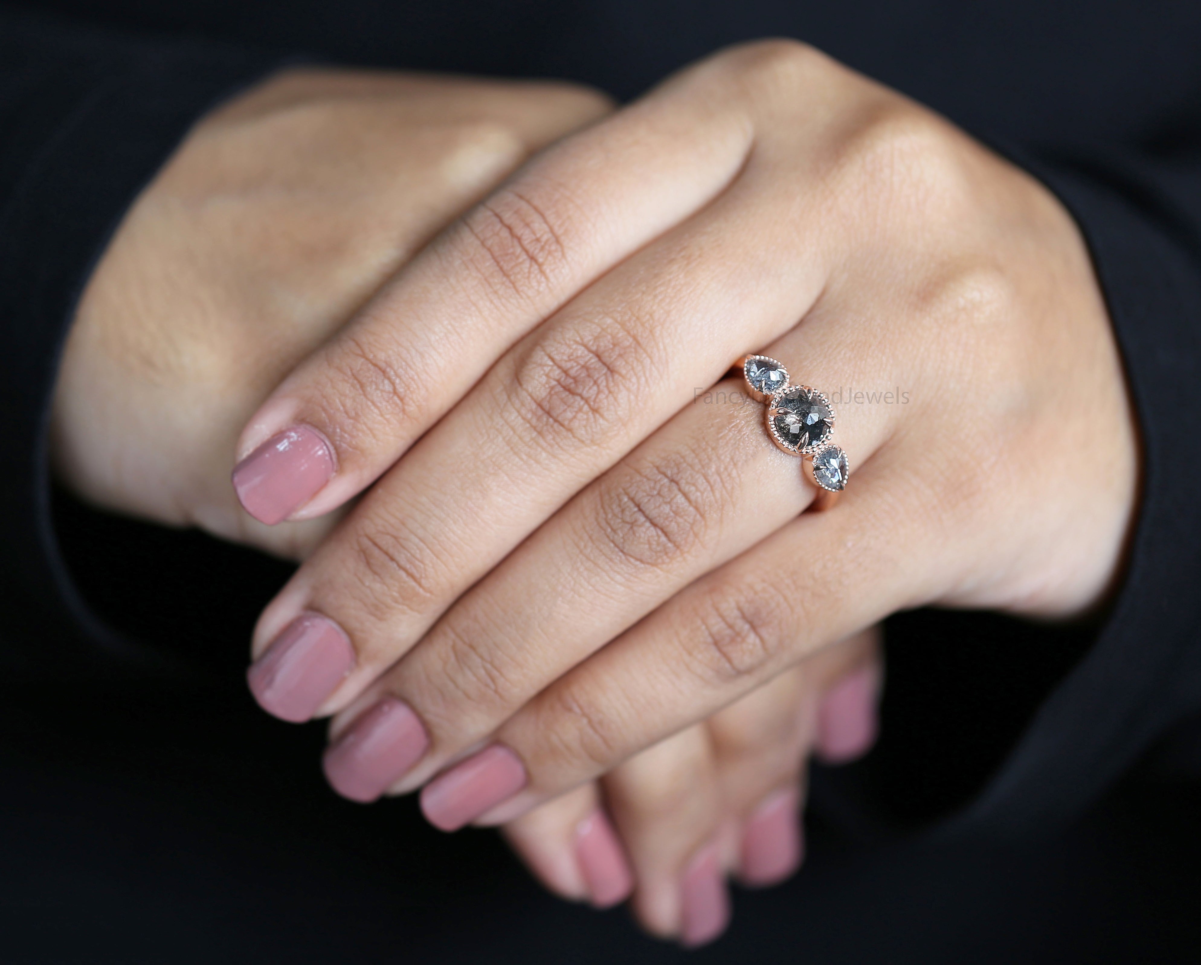 Round Rose Cut Salt And Pepper Diamond Ring 1.16 Ct 6.45 MM Round Diamond Ring 14K Rose Gold Silver Engagement Ring Gift For Her QN9777