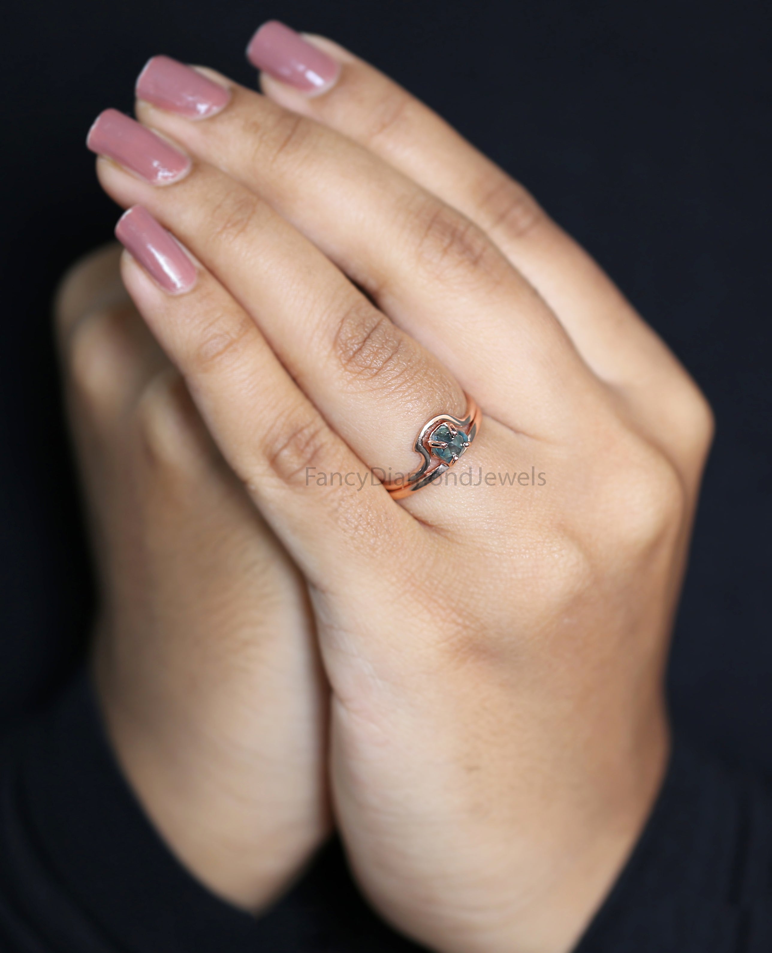 Rough Blue Color Diamond Ring 1.00 Ct 5.64 MM Crystal Rough Diamond Ring 14K Solid Rose Gold Silver Engagement Ring Gift For Her QL2333