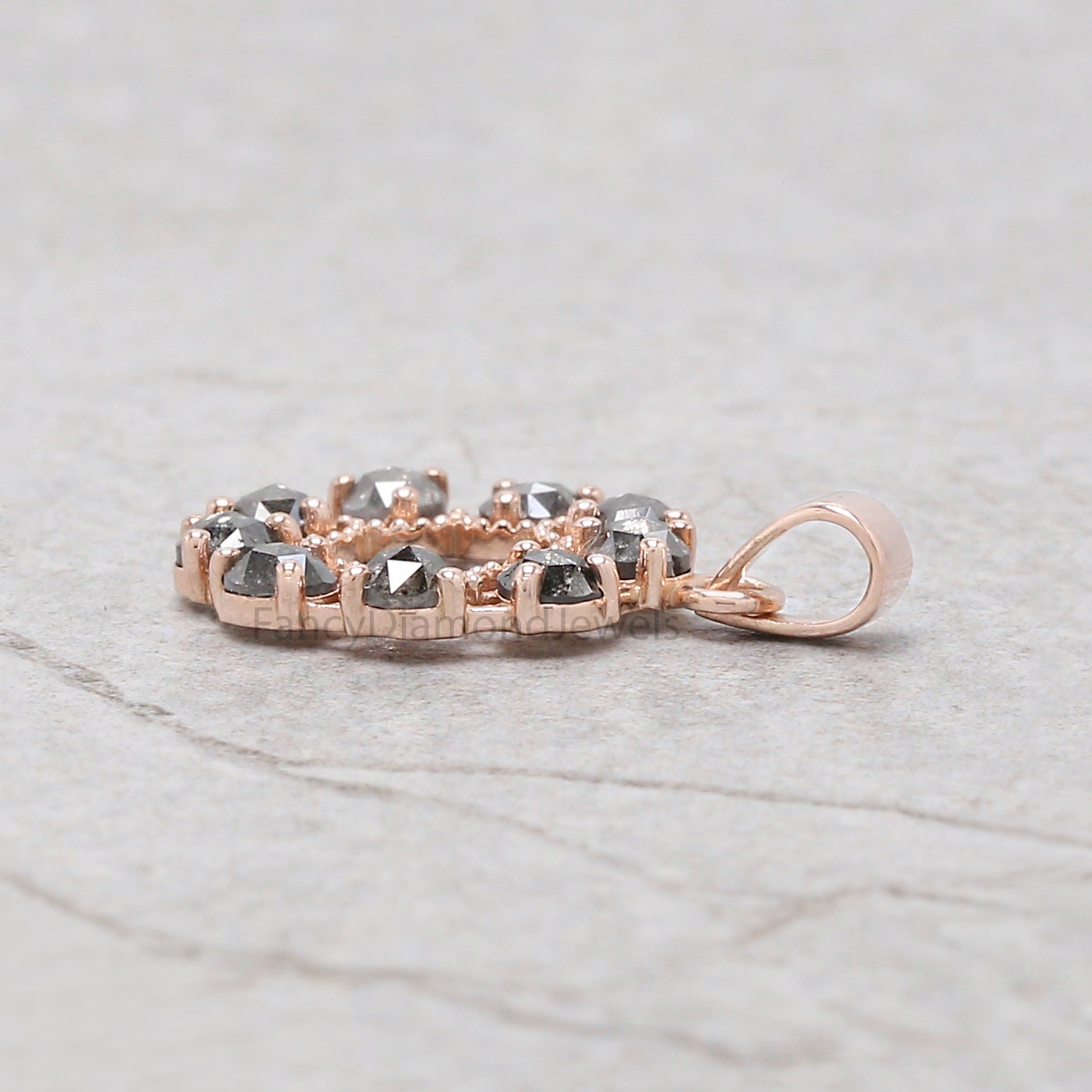 Round Rose Cut Salt And Pepper Diamond Pendant, Unique Diamond Pendant, Round Cut Diamond Pendant, Dangling Diamond Pendant KD1185