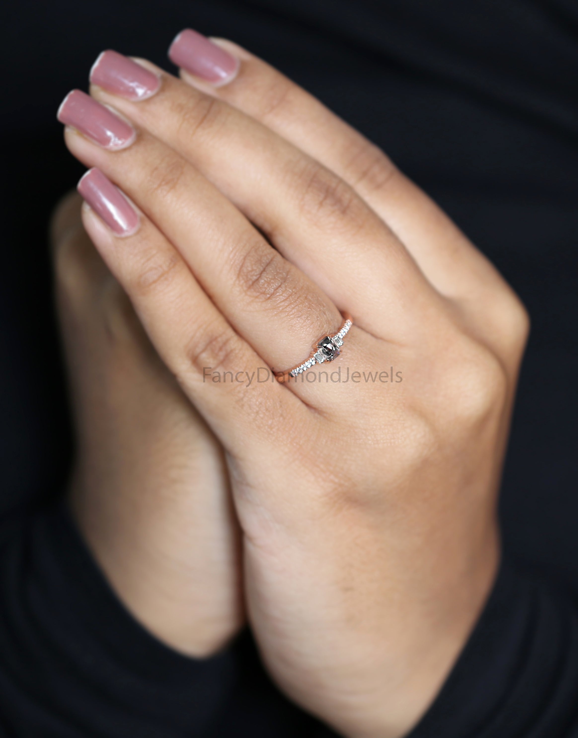 Emerald Cut Salt And Pepper Diamond Ring 0.39 Ct 4.55 MM Emerald Diamond Ring 14K Solid Rose Gold Silver Engagement Ring Gift For Her QL239