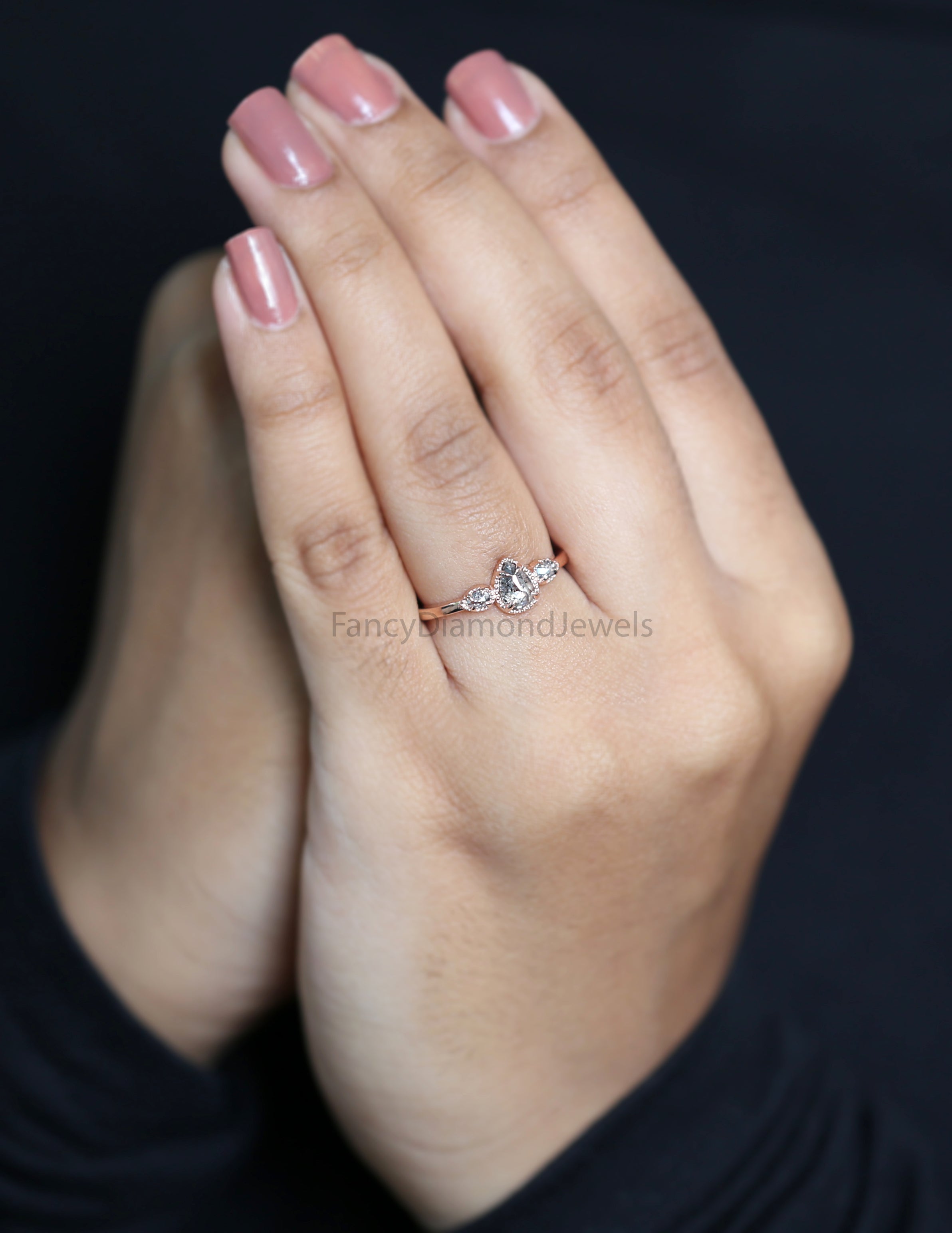 Pear Salt And Pepper Diamond Ring, Natural Pear Diamond Ring, Pear Diamond Engagement Ring, Pear Shape Diamond Ring, Pear Cut Ring, KD1133