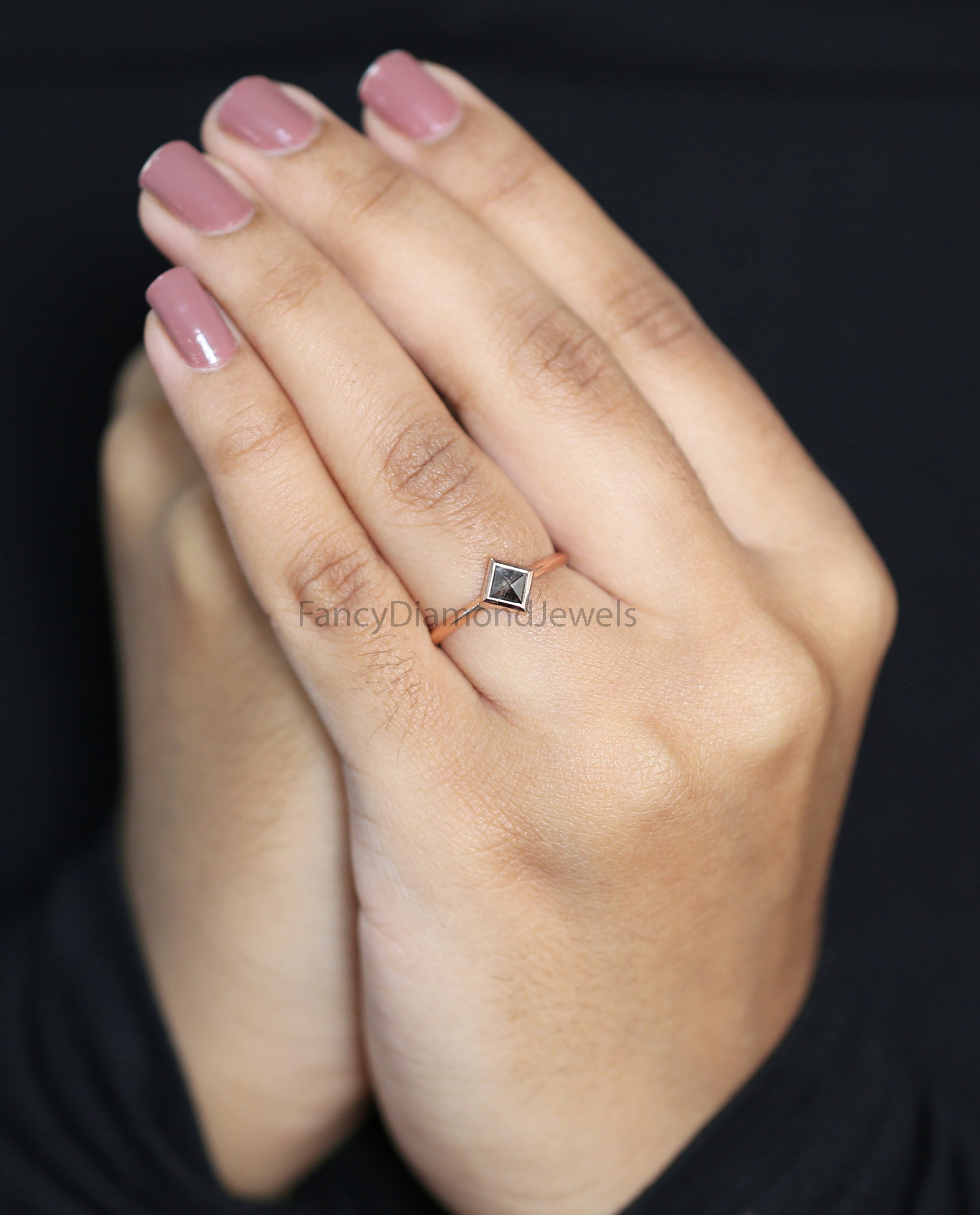 Kite Cut Salt And Pepper Diamond Ring 0.50 Ct 6.14 MM Kite Diamond Ring 14K Solid Rose Gold Silver Kite Engagement Ring Gift For Her QK2572