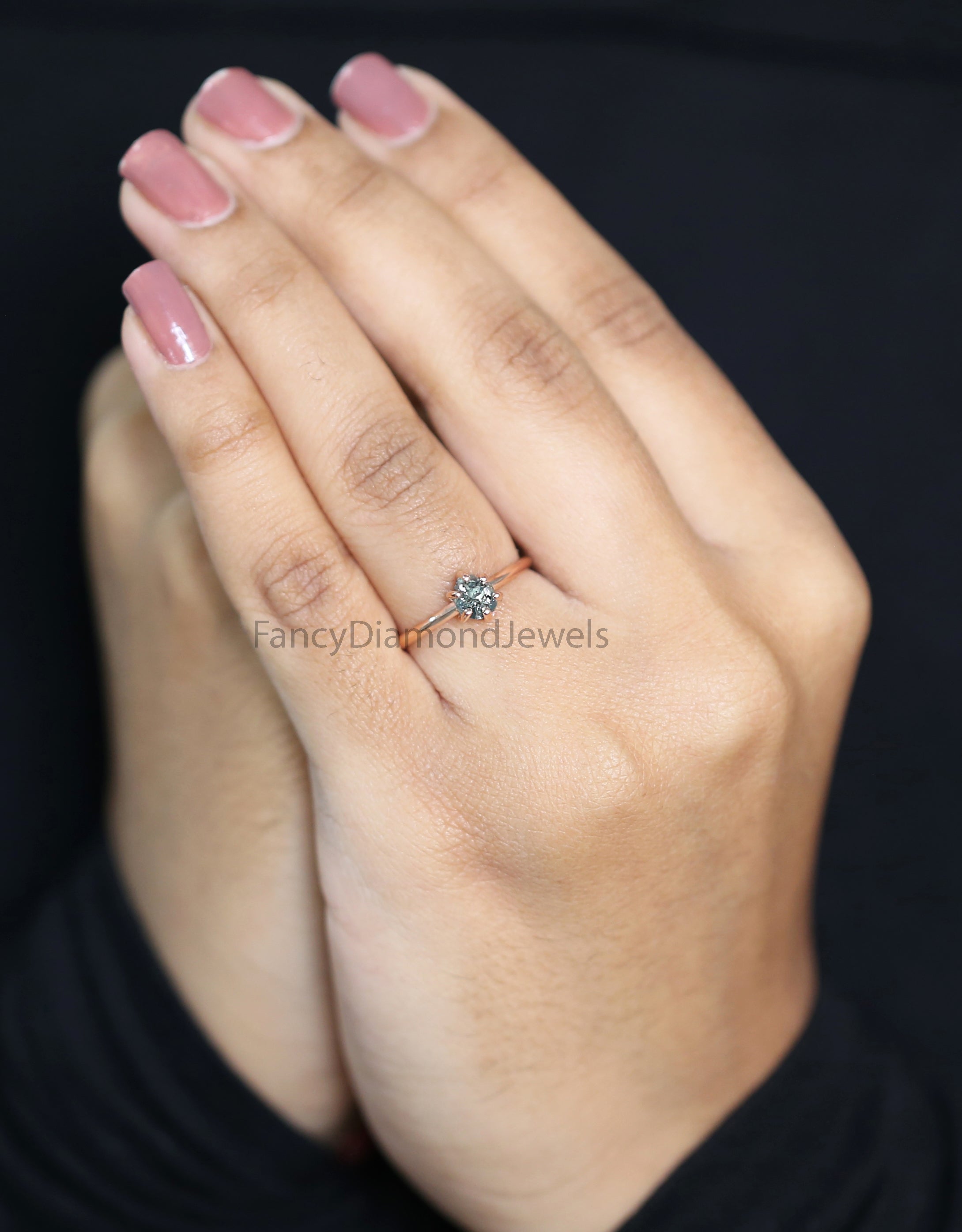 Rough Blue Color Diamond Ring 0.79 Ct 5.51 MM Crystal Rough Diamond Ring 14K Solid Rose Gold Silver Engagement Ring Gift For Her QK2532