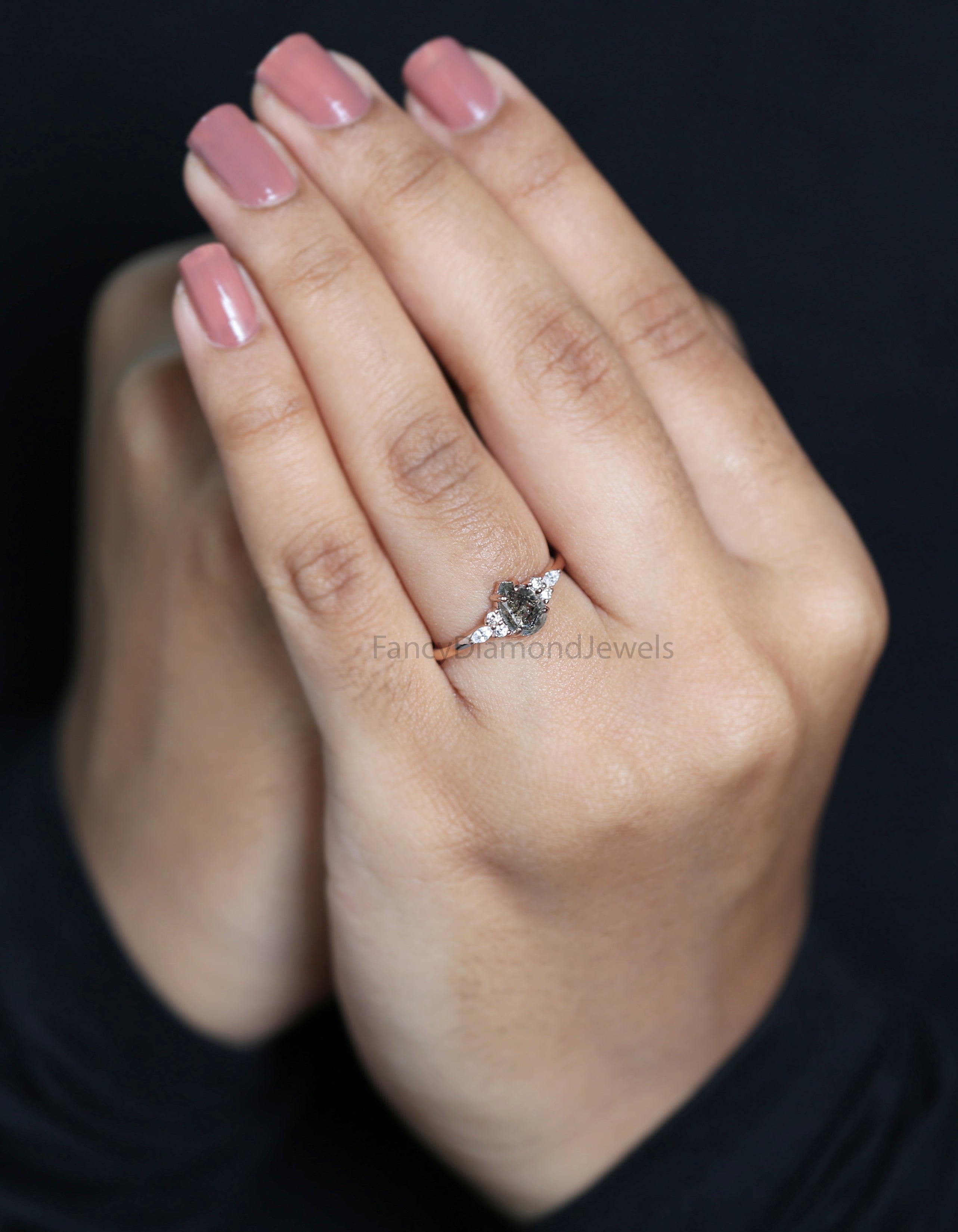 Pear Cut Salt And Pepper Diamond Ring 0.85 Ct 7.06 MM Pear Diamond Ring 14K Solid Rose Gold Silver Pear Engagement Ring Gift For Her QL2866