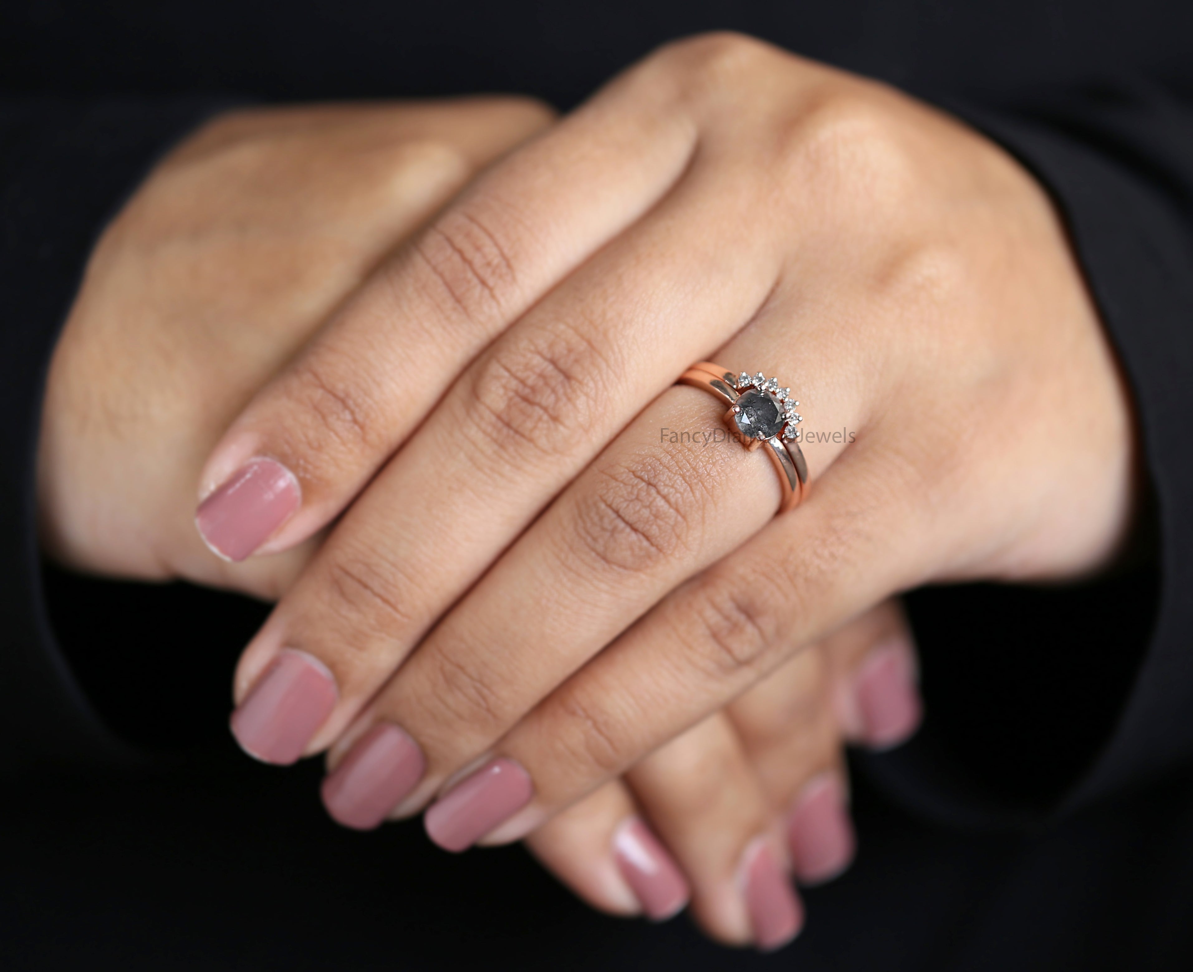 Round Cut Salt And Pepper Diamond Ring 0.87 Ct 5.80 MM Round Diamond Ring 14K Solid Rose Gold Silver Engagement Ring Gift For Her QN9369