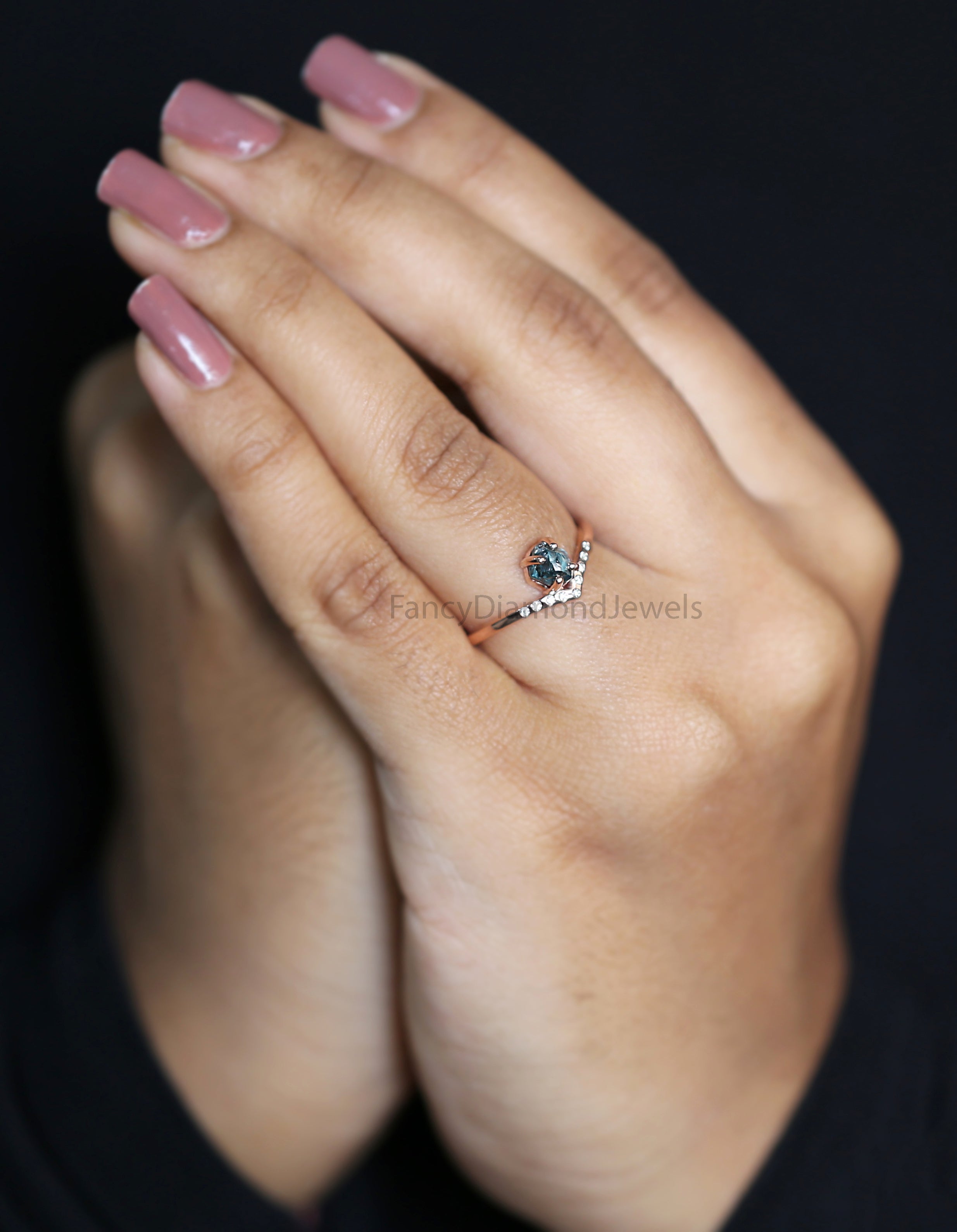 0.97 Ct Natural Rough Cut Blue Color Diamond Ring 5.65 MM Crystal Rough Diamond Ring 14K Solid Rose Gold Silver Engagement Ring QL2347