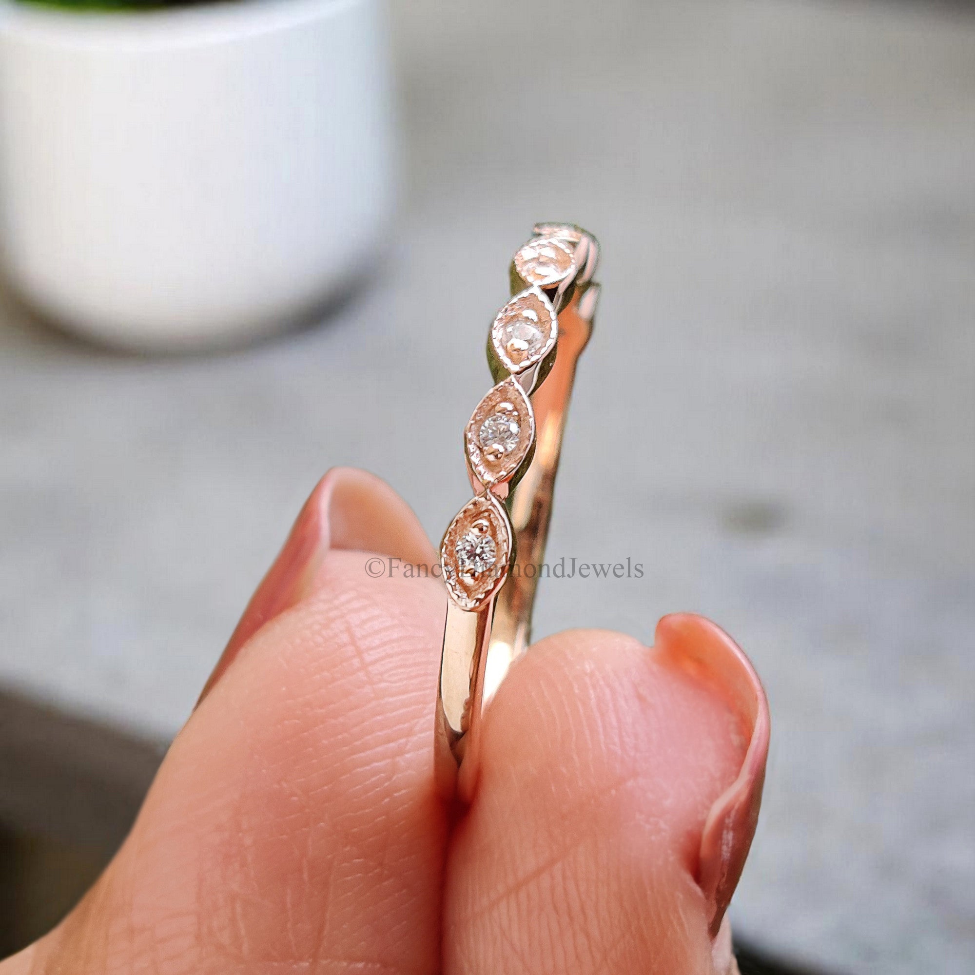 Silver/10K/14K/18K Band 1.20 MM Round Diamond Wedding Band Half Eternity Minimalist stacking dainty matching ring Boat setting ring KD903