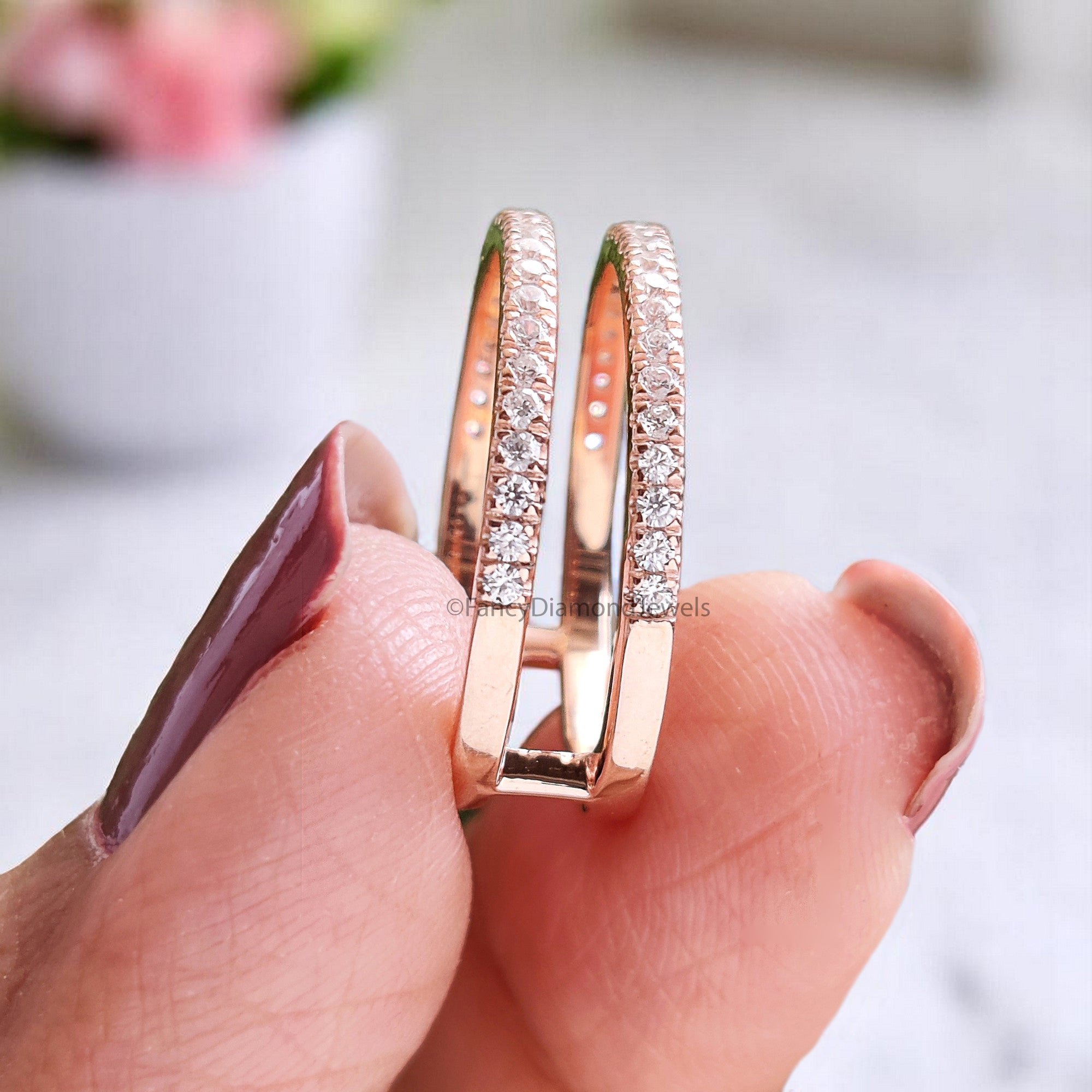 Round Cut Double Diamond Wedding Band Silver/10K/14K/18K Band Half Eternity Minimalist Ring stacking dainty matching anniversary ring KD898