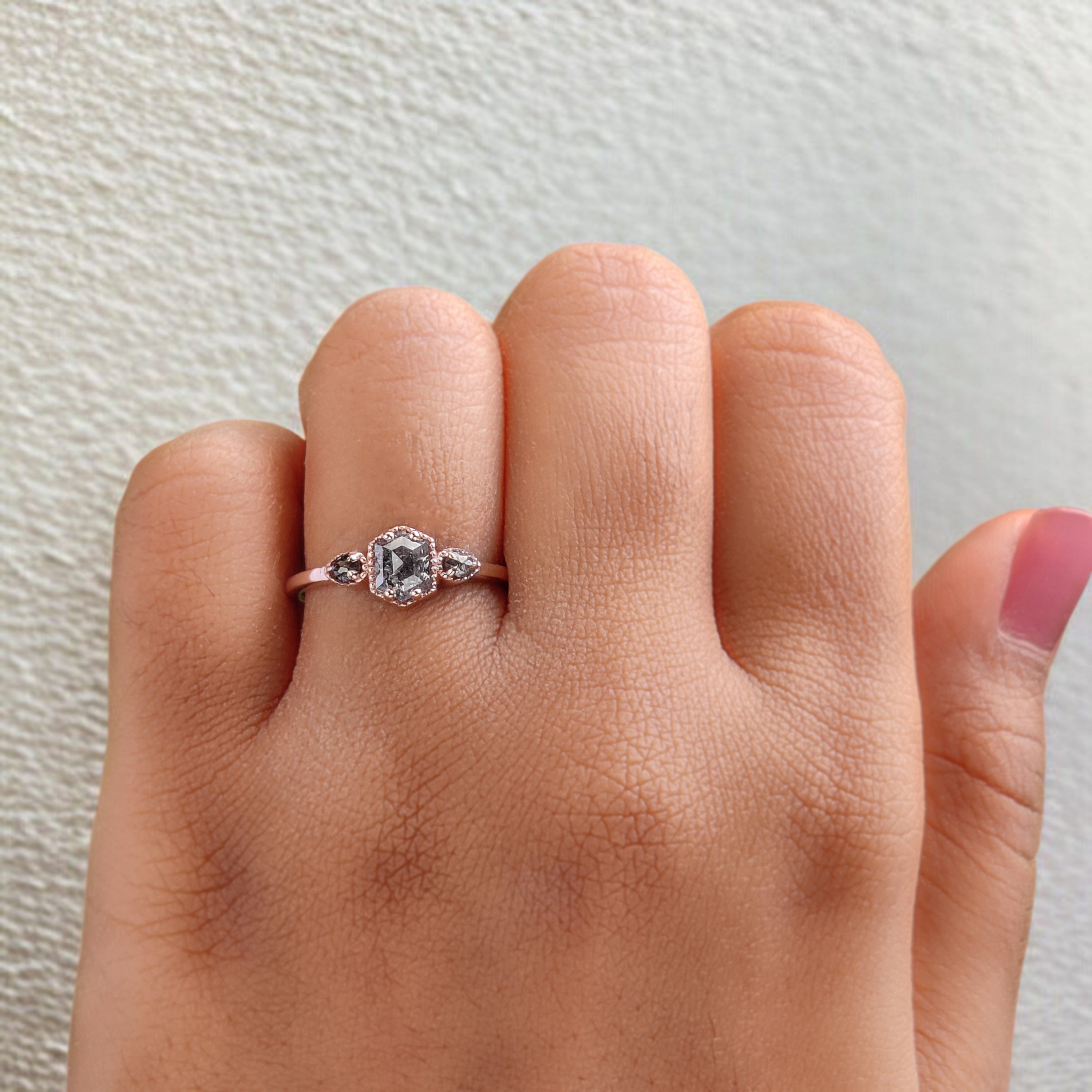 Hexagon Cut Salt And Pepper Diamond Ring 0.62 Ct 5.72 MM Hexagon Diamond Ring 14K Solid Rose Gold Silver Engagement Ring Gift For Her QK2593