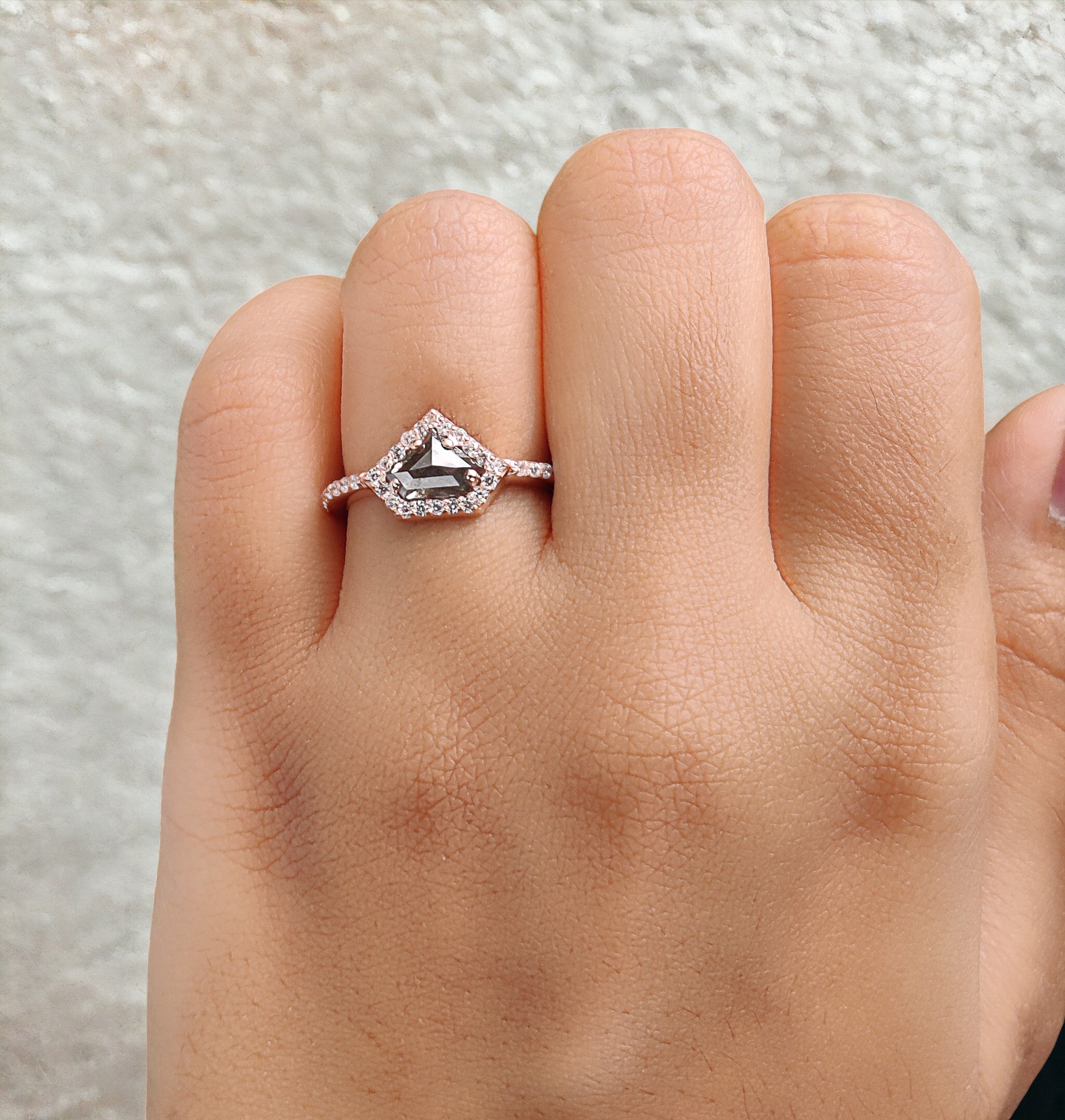 Shield Cut Salt And Pepper Diamond Ring 0.81 Ct 5.50 MM Shield Diamond Ring 14K Solid Rose Gold Silver Engagement Ring Gift For Her QN1251