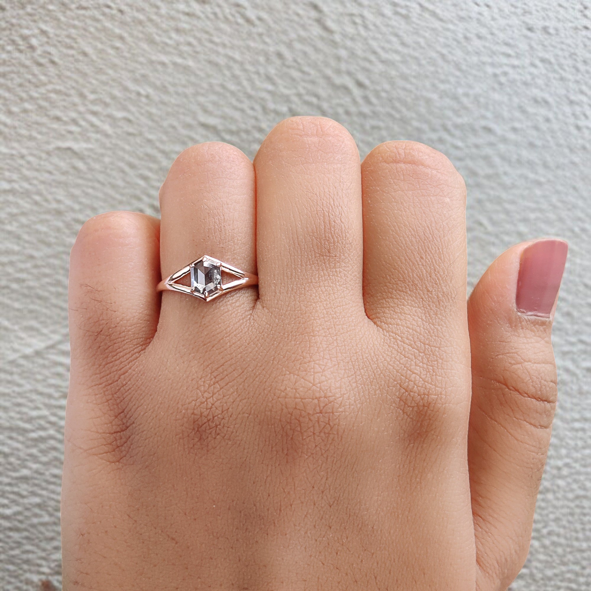 Hexagon Cut Salt And Pepper Diamond Ring 0.78 Ct 6.30 MM Hexagon Cut Diamond Ring 14K Rose Gold Silver Engagement Ring Gift For Her QL1403