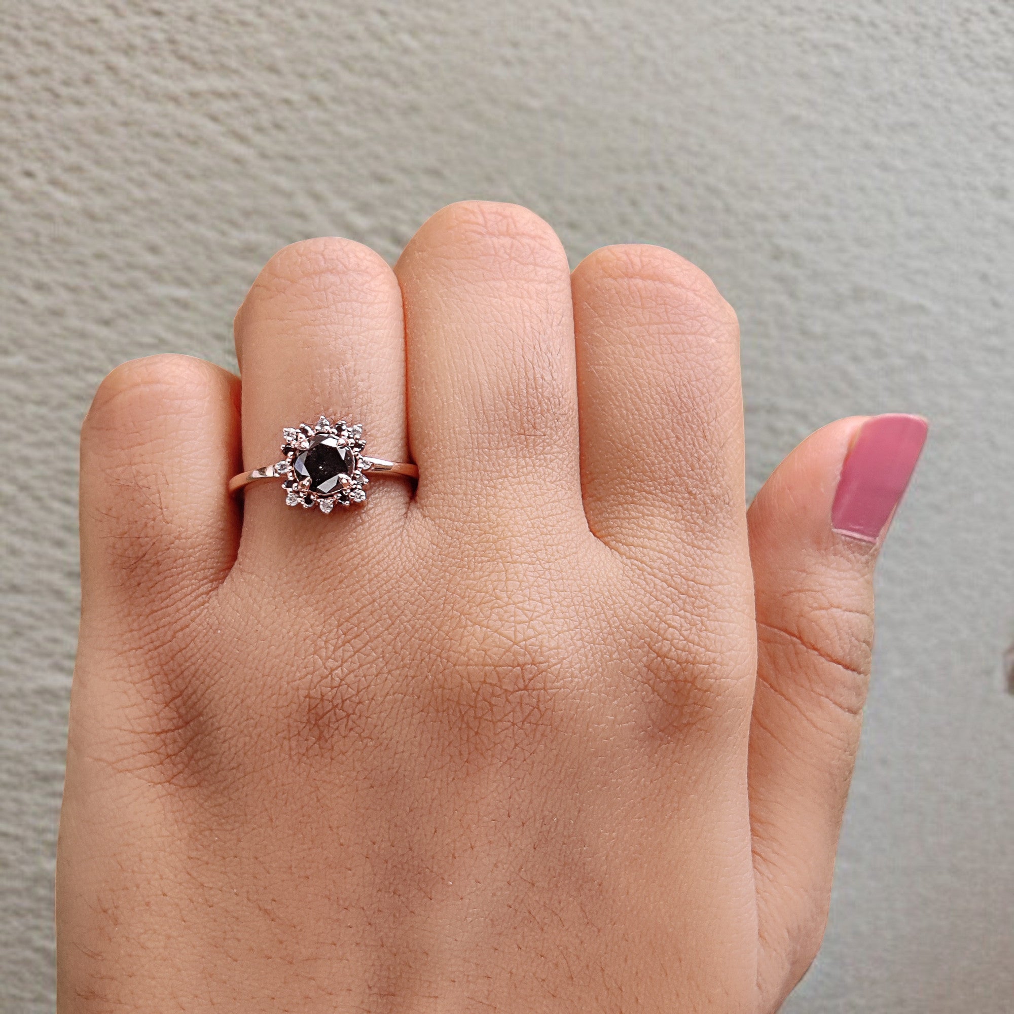 Round Cut Salt And Pepper Diamond Ring 0.83 Ct 5.69 MM Round Diamond Ring 14K Solid Rose Gold Silver Engagement Ring Gift For Her QL2168