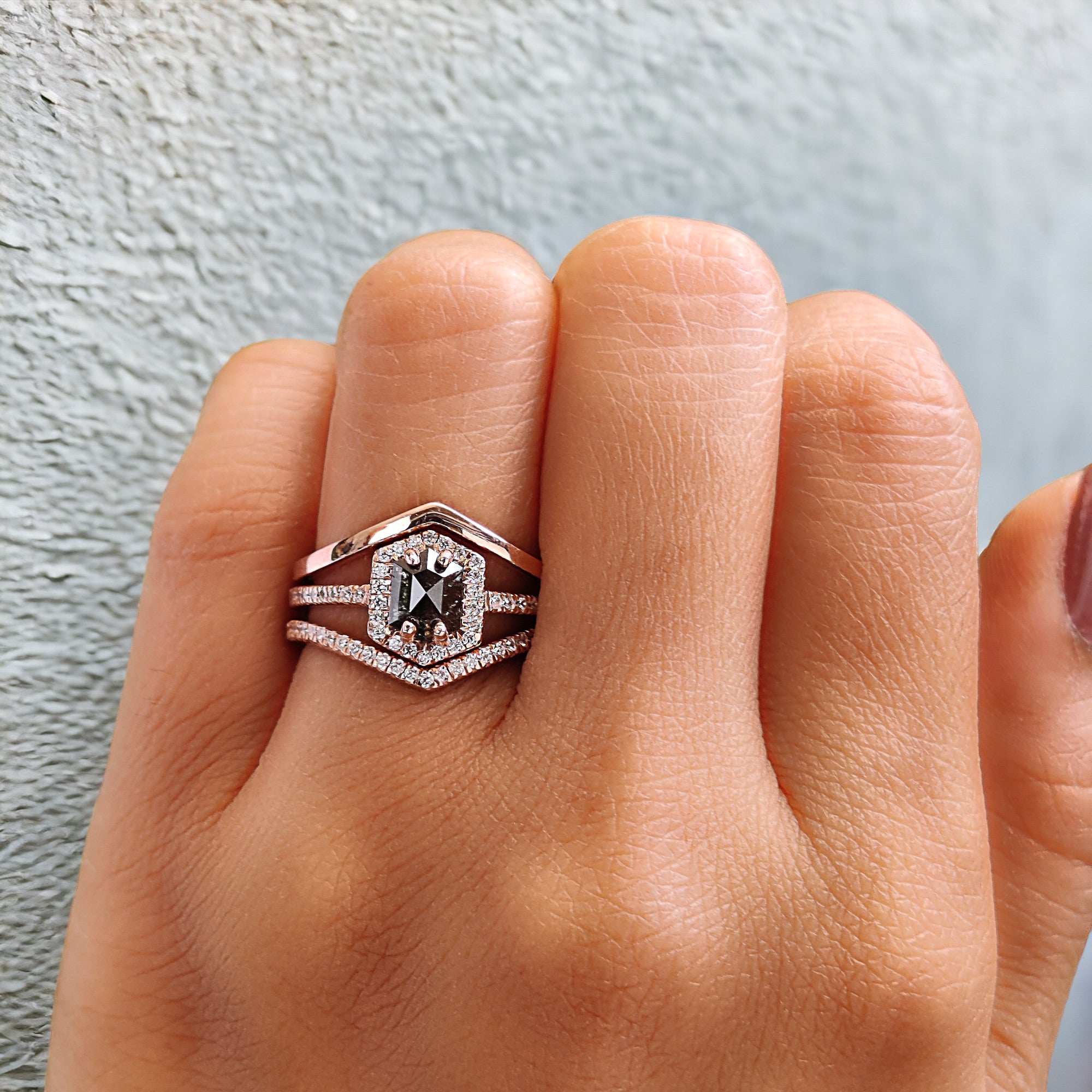 Hexagon Cut Salt And Pepper Diamond Ring 0.72 Ct 6.20 MM Hexagon Diamond Ring 14K Solid Rose Gold Silver Engagement Ring Gift For Her QL1236