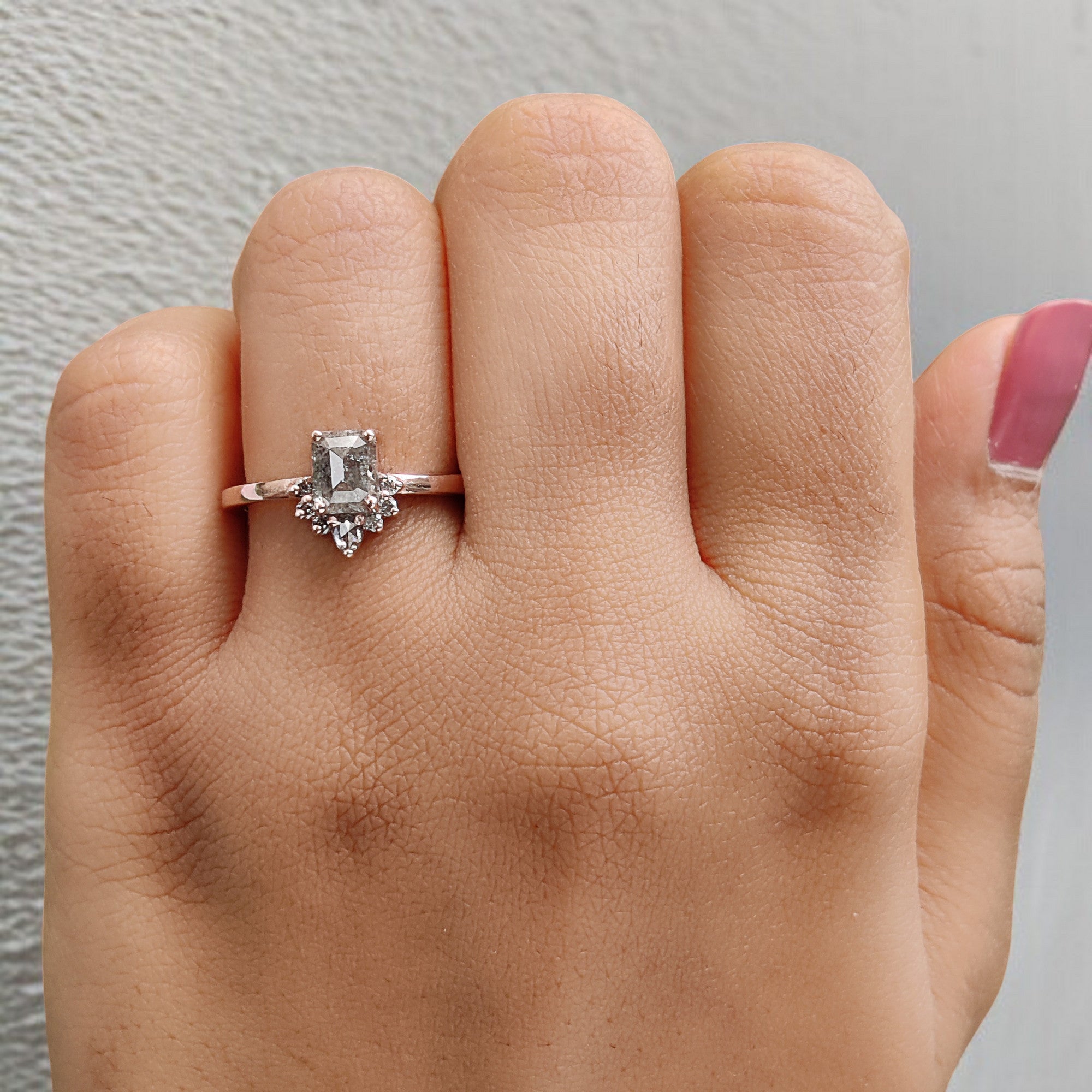 Emerald Salt And Pepper Diamond Ring 0.89 Ct 6.00 MM Emerald Diamond Ring 14K Solid Rose Gold Silver Engagement Ring Gift For Her QL020