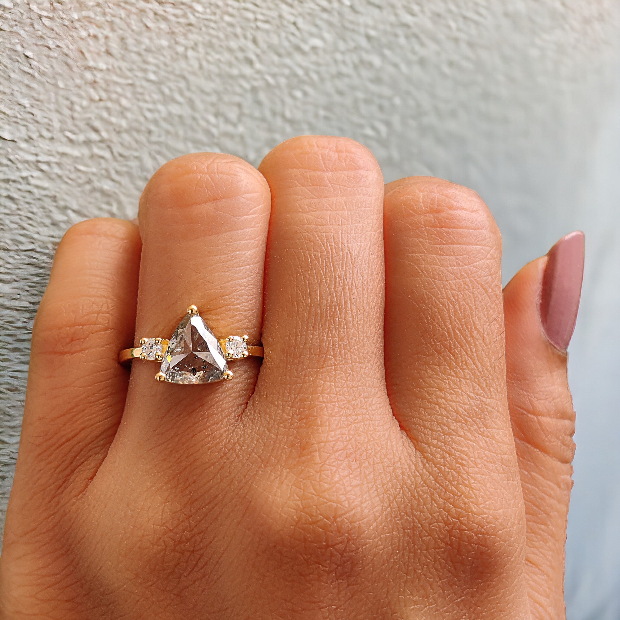 Triangle Cut Salt And Pepper Diamond Ring 2.09 Ct 8.51 MM Triangle Diamond Ring 14K Solid Yellow Gold Silver Engagement Ring Gift For Her QL2592