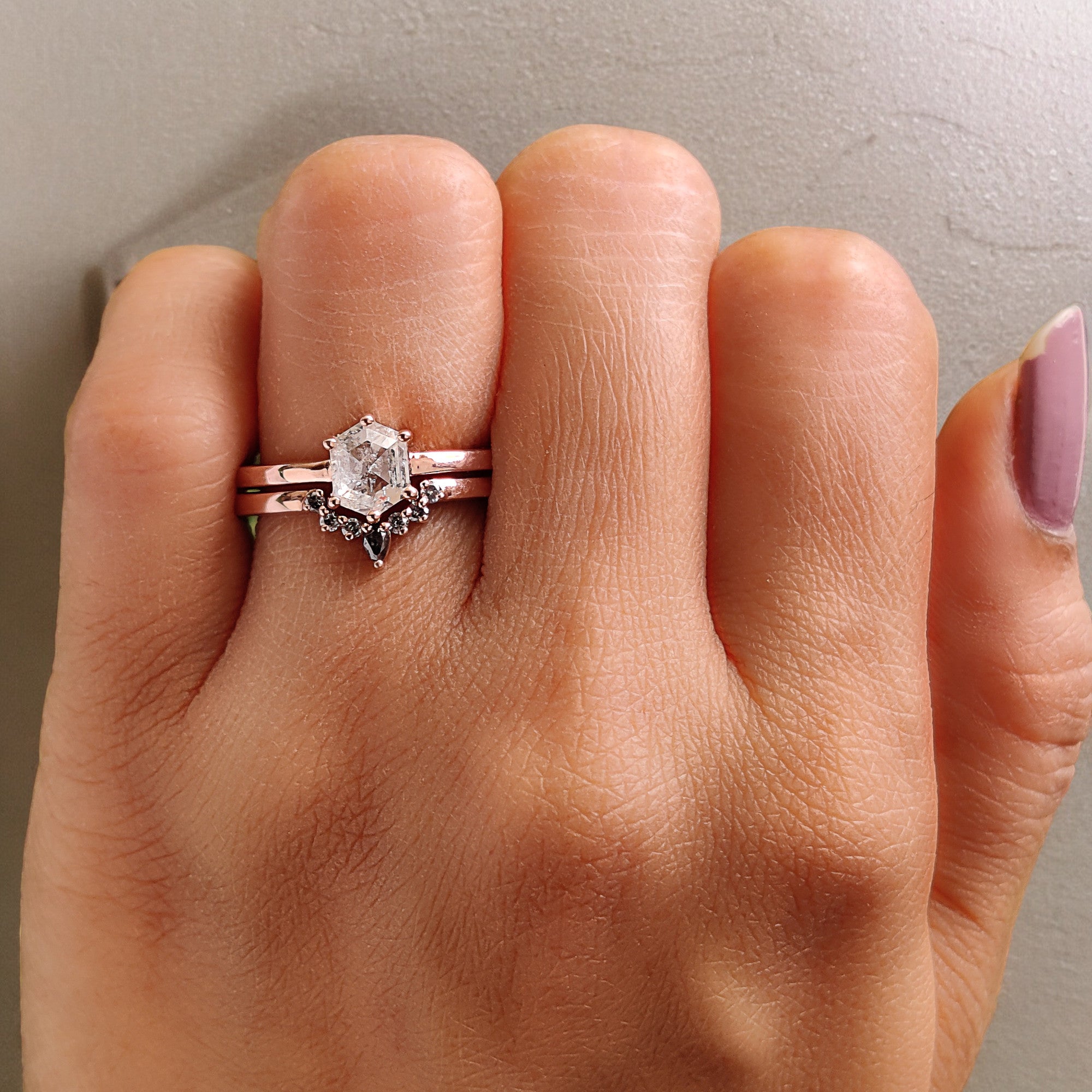 Hexagon Cut Salt And Pepper Diamond Ring 1.08 Ct 6.67 MM Hexagon Cut Diamond Ring 14K Rose Gold Silver Engagement Ring Gift For Her QL2576