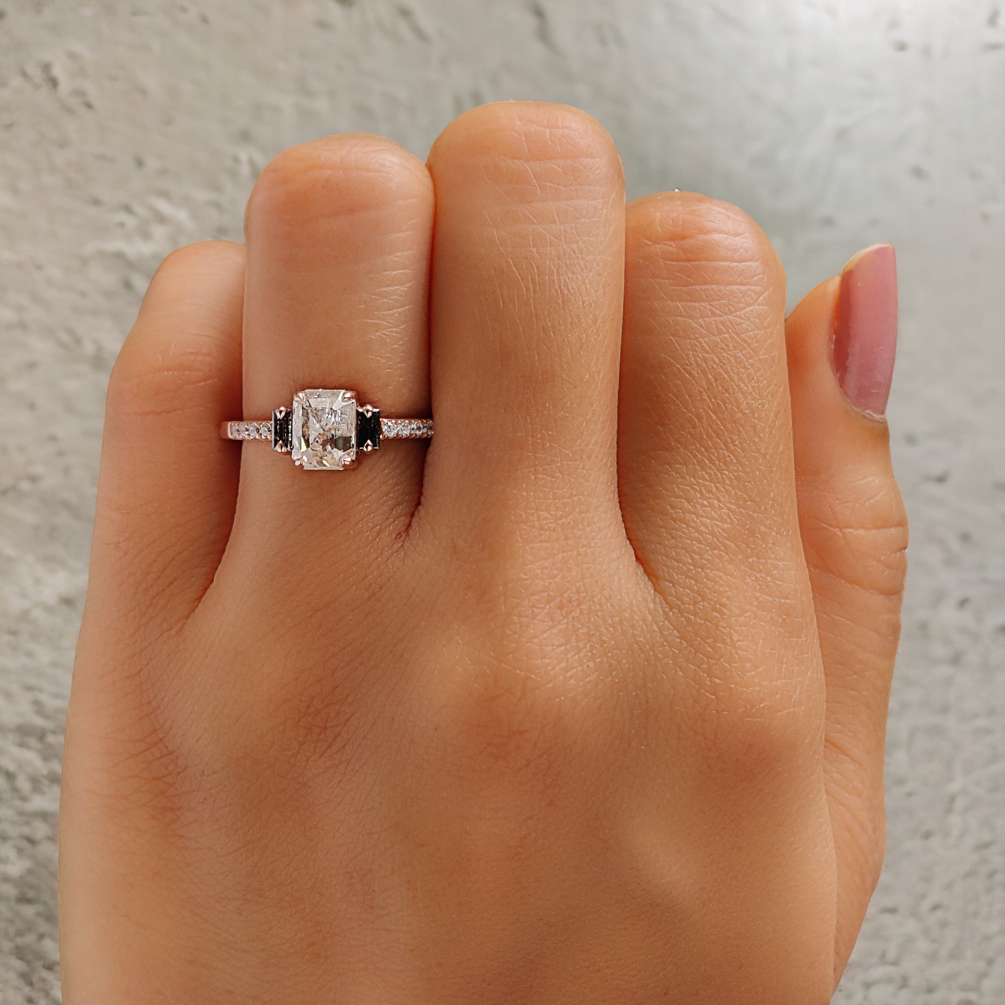 Emerald Cut Salt And Pepper Diamond Ring 1.05 Ct 6.28 MM Emerald Diamond Ring 14K Rose Gold Silver Engagement Ring Gift For Her QL2581