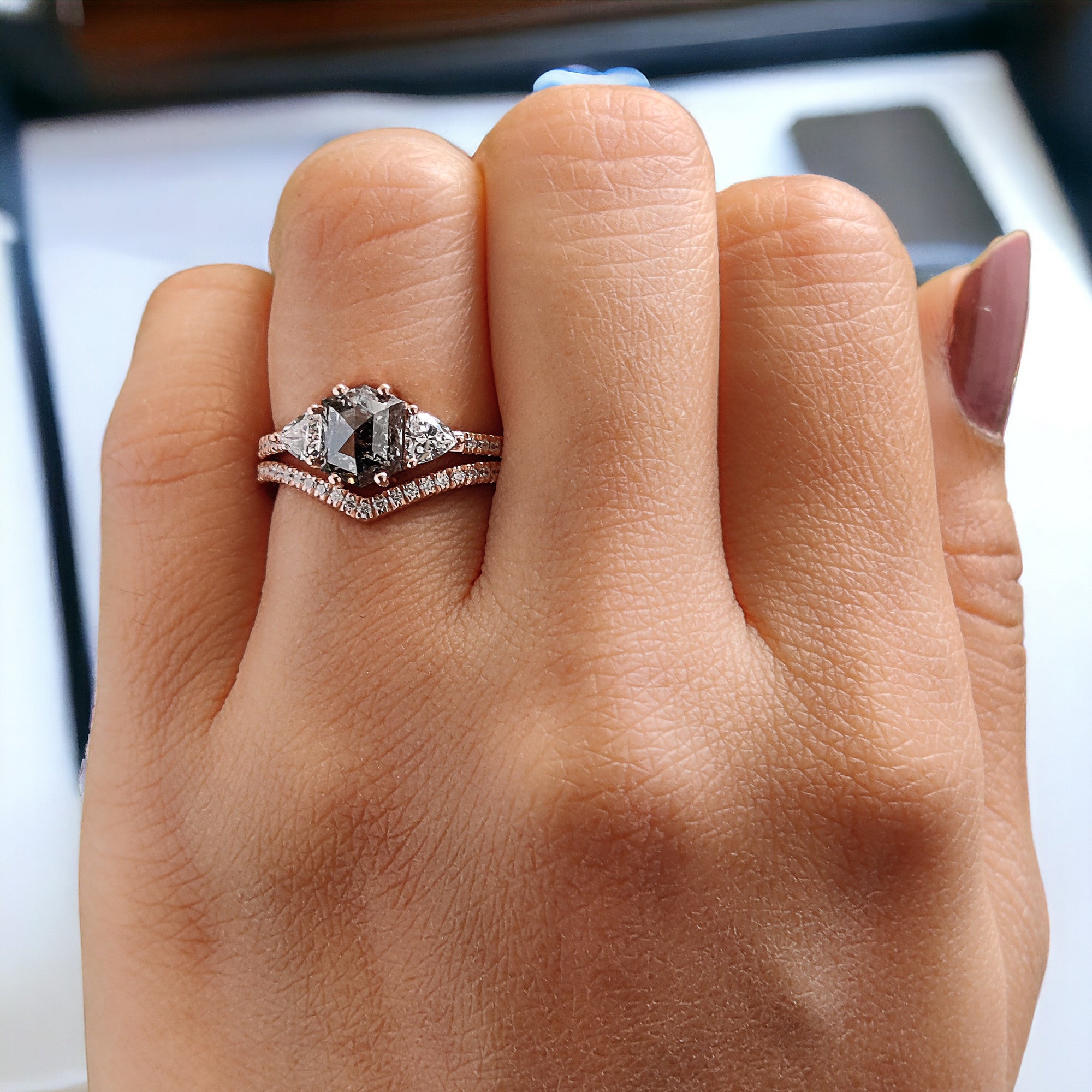 Hexagon Cut Salt And Pepper Diamond Ring 1.23 Ct 6.92 MM Hexagon Cut Diamond Ring 14K Rose Gold Silver Engagement Ring Gift For Her QL2743