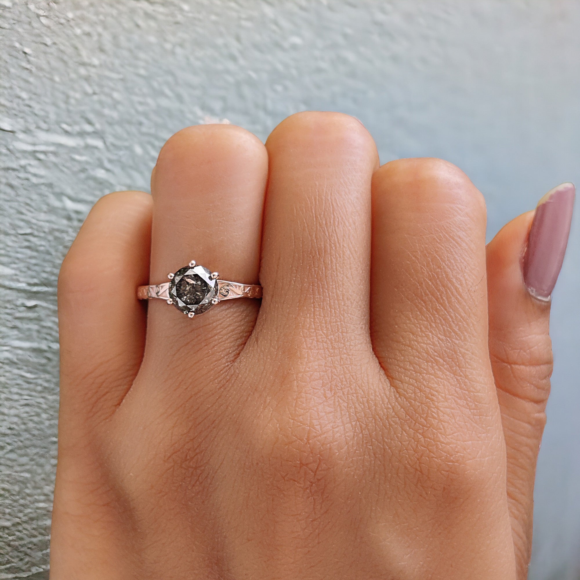 Round Salt And Pepper Diamond Ring 1.51 Ct 6.60 MM Round Cut Diamond Ring 14K Solid Rose Gold Silver Engagement Ring Gift For Her QL8399