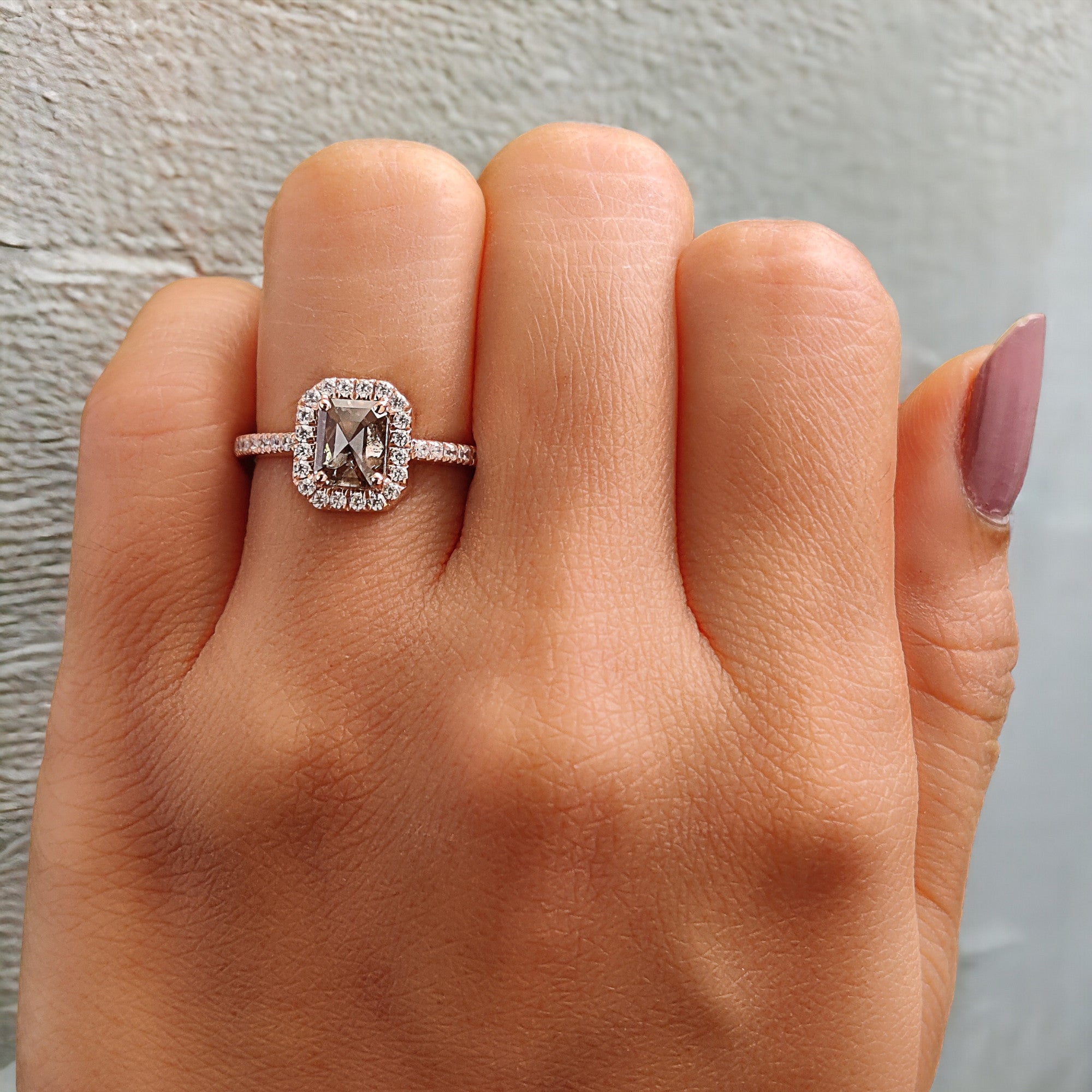 Emerald Cut Salt And Pepper Diamond Ring 0.86 Ct 6.10 MM Emerald Diamond Ring 14K Solid Rose Gold Silver Engagement Ring Gift For Her QL9563