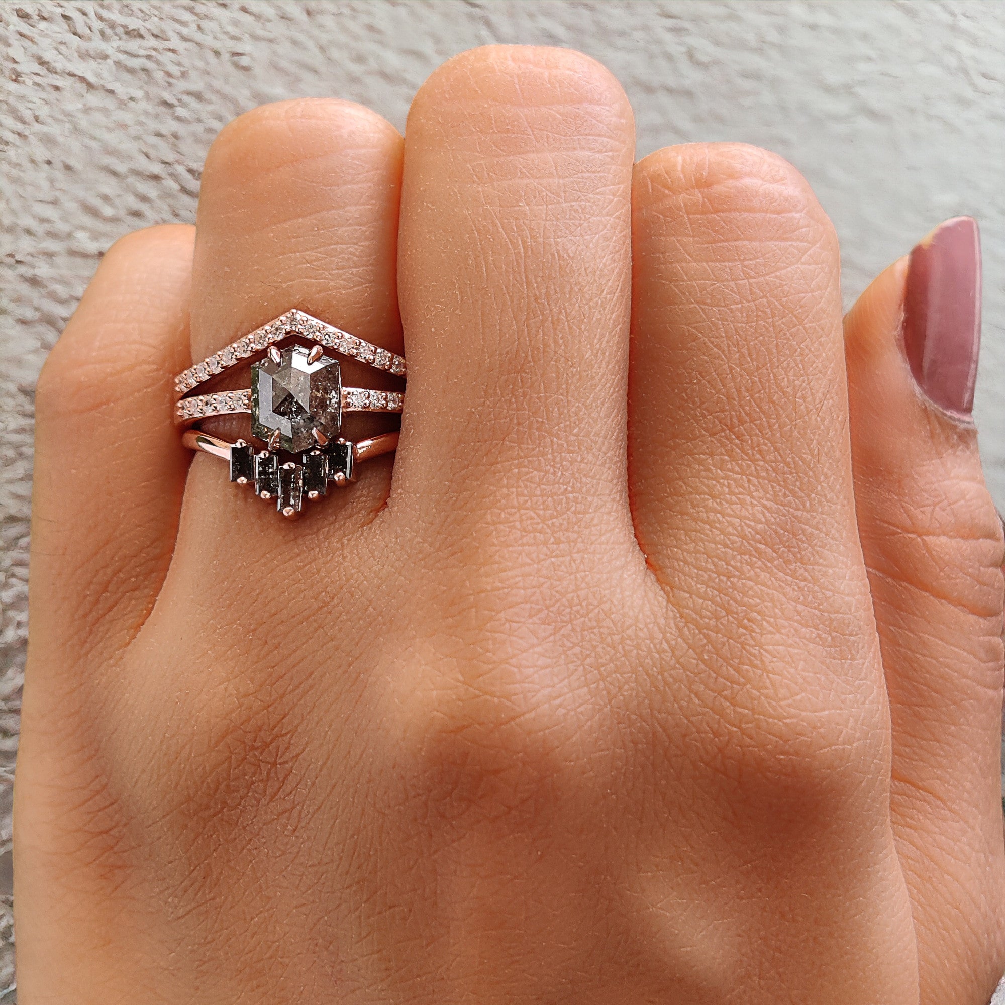 Hexagon Salt And Pepper Diamond Ring 1.41 Ct 7.50 MM Hexagon Cut Diamond Ring 14K Solid Rose Gold Silver Engagement Ring Gift For Her QL1262