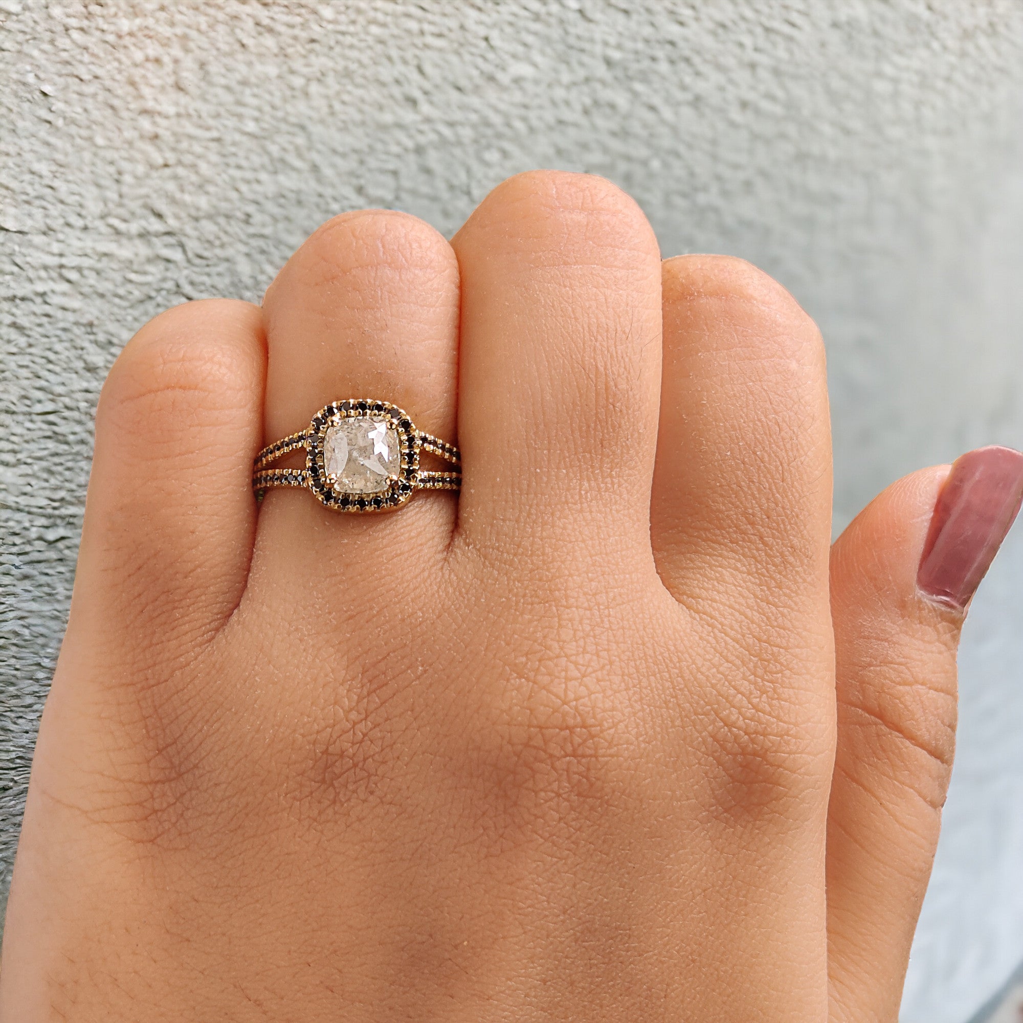 Cushion Cut Salt And Pepper Diamond Ring 1.44 Ct 6.40 MM Cushion Diamond Ring 14K Yellow Gold Silver Engagement Ring Gift For Her QL6437