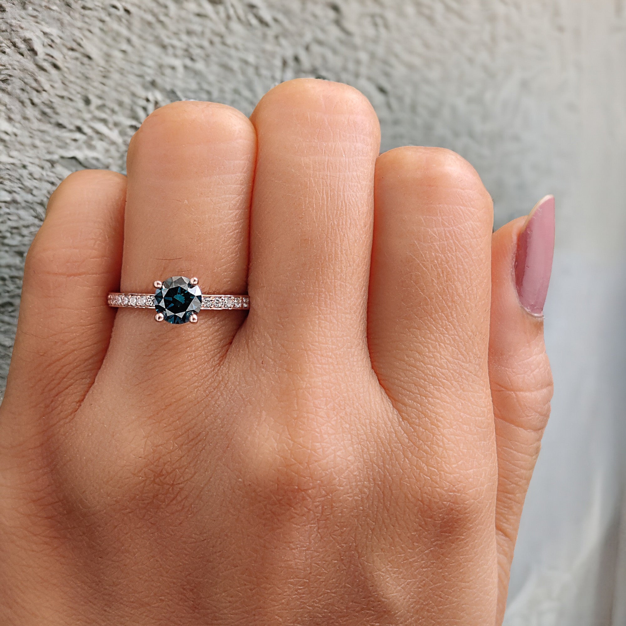 Round Shape Blue Color Diamond Ring 0.74 Ct 5.60 MM Round Cut Diamond Ring 14K Solid Rose Gold Silver Engagement Ring Gift For Her QL1596