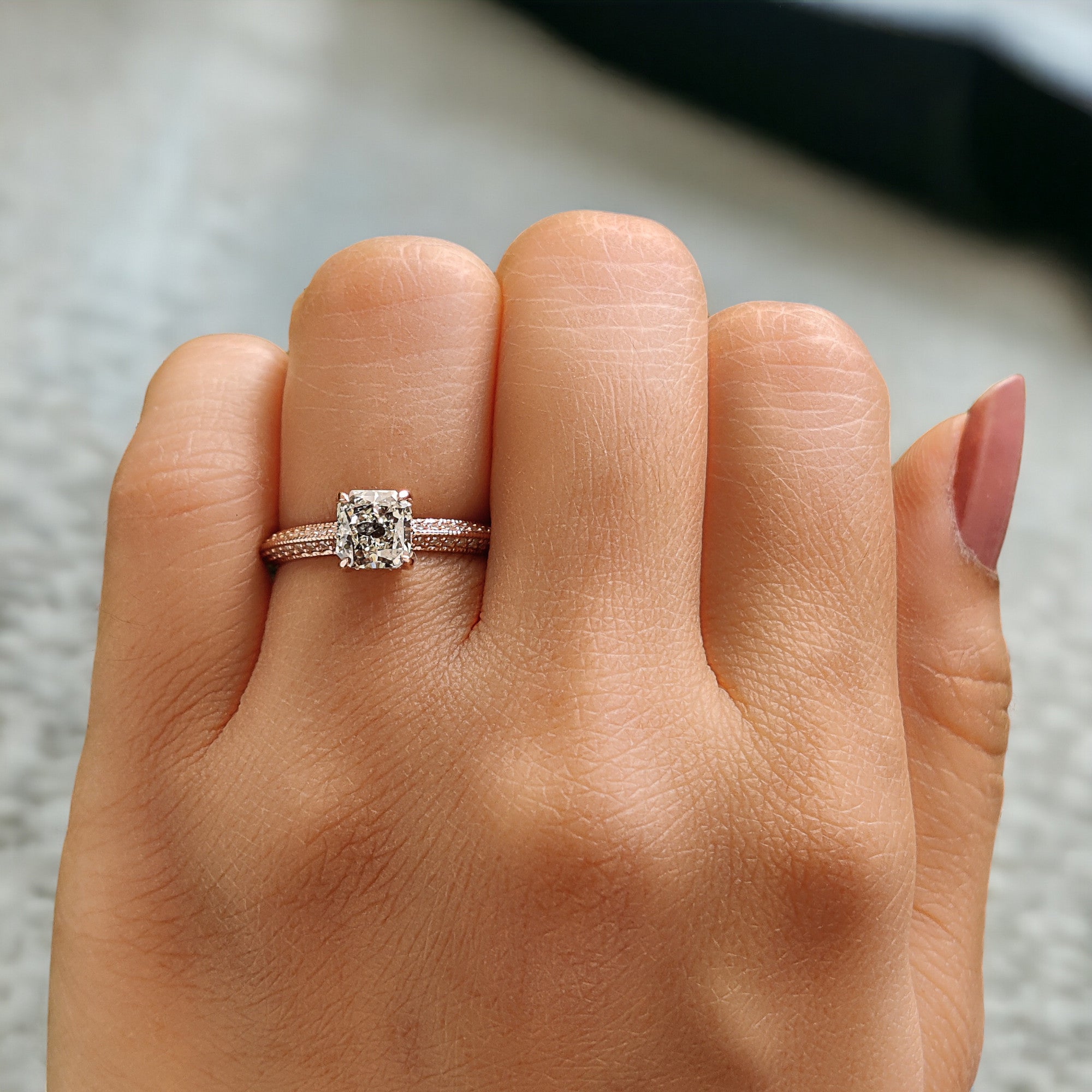 Radiant Salt And Pepper Diamond Ring 1.03 Ct 5.58 MM Radiant Diamond Ring 14K Solid Rose Gold Silver Engagement Ring Gift For Her QL2644