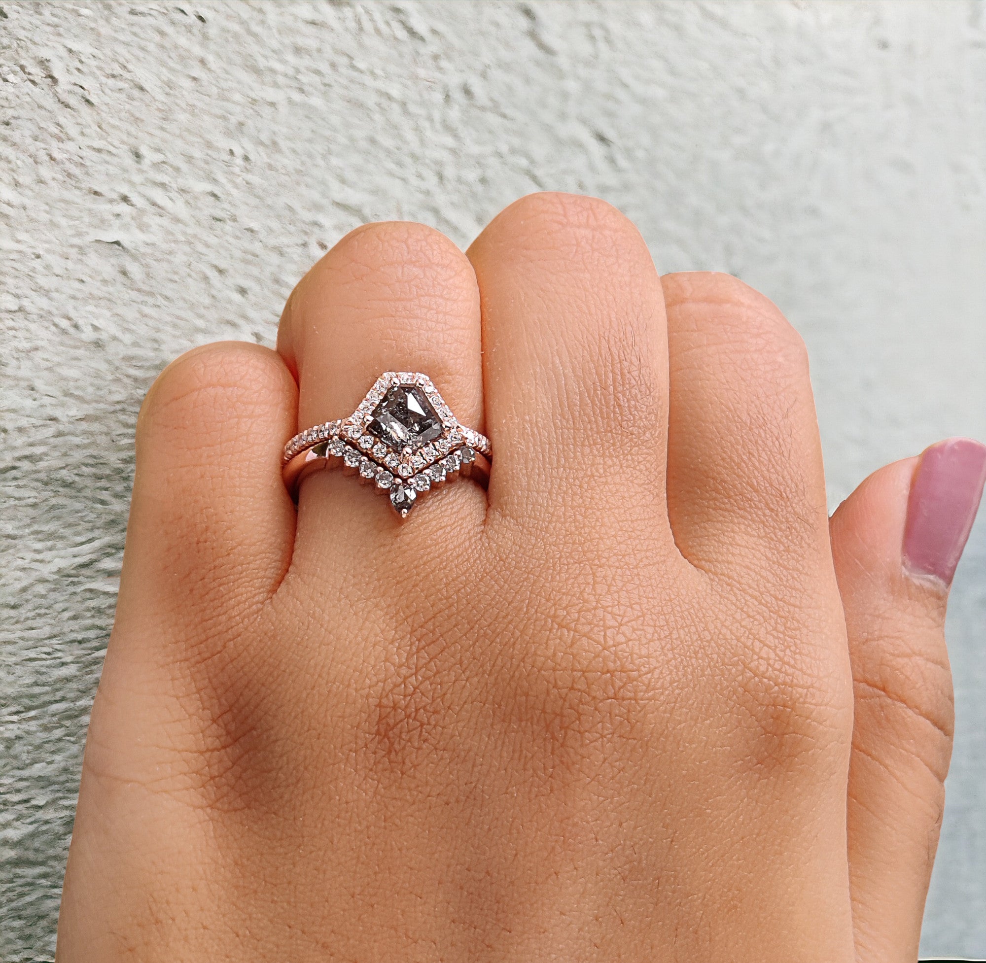 Pentagon Salt And Pepper Diamond Ring 1.12 Ct 6.85 MM Pentagon Diamond Ring 14K Solid Rose Gold Silver Engagement Ring Gift For Her QL1501