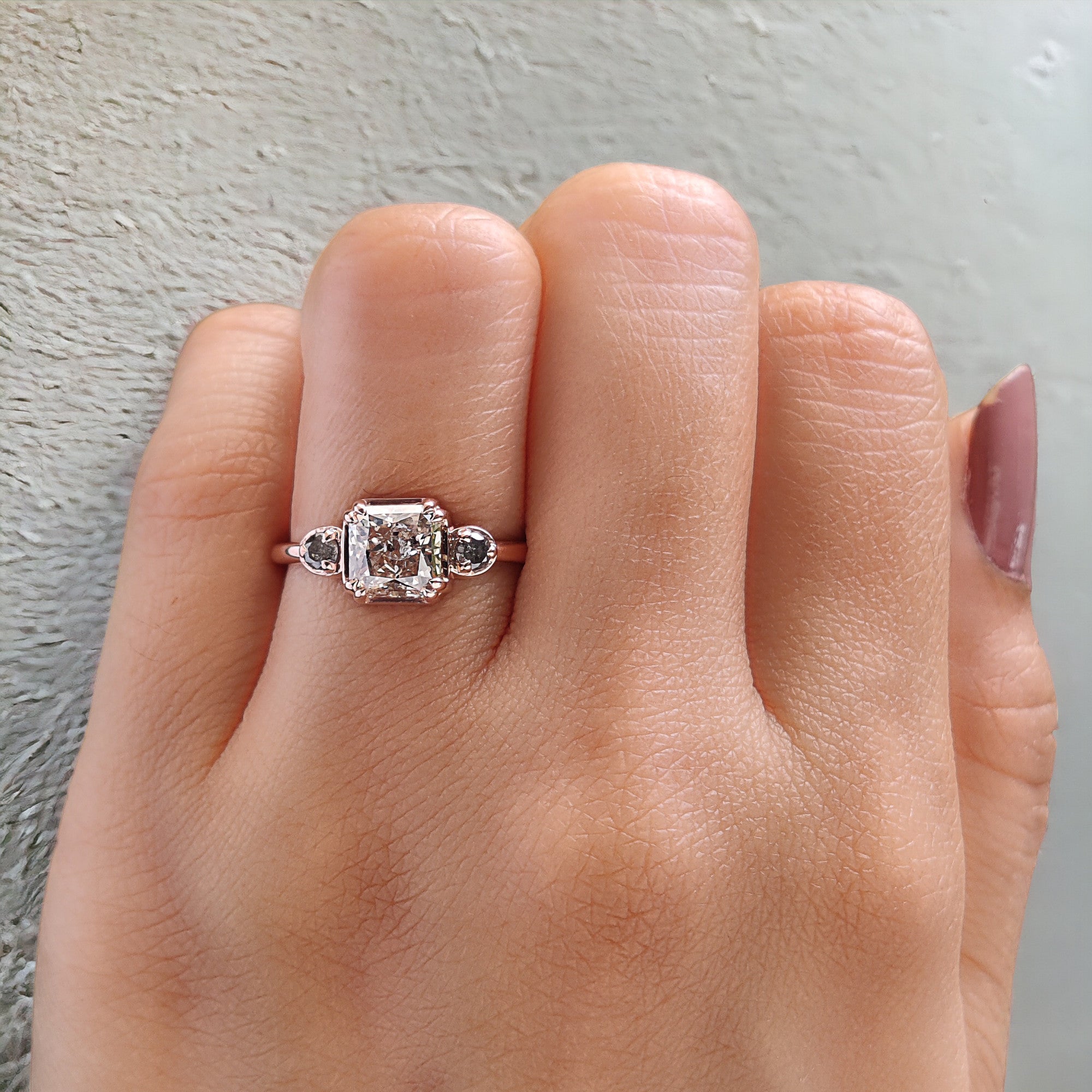 Radiant Salt And Pepper Diamond Ring 1.43 Ct 5.97 MM Radiant Diamond Ring 14K Solid Rose Gold Silver Engagement Ring Gift For Her QL2662