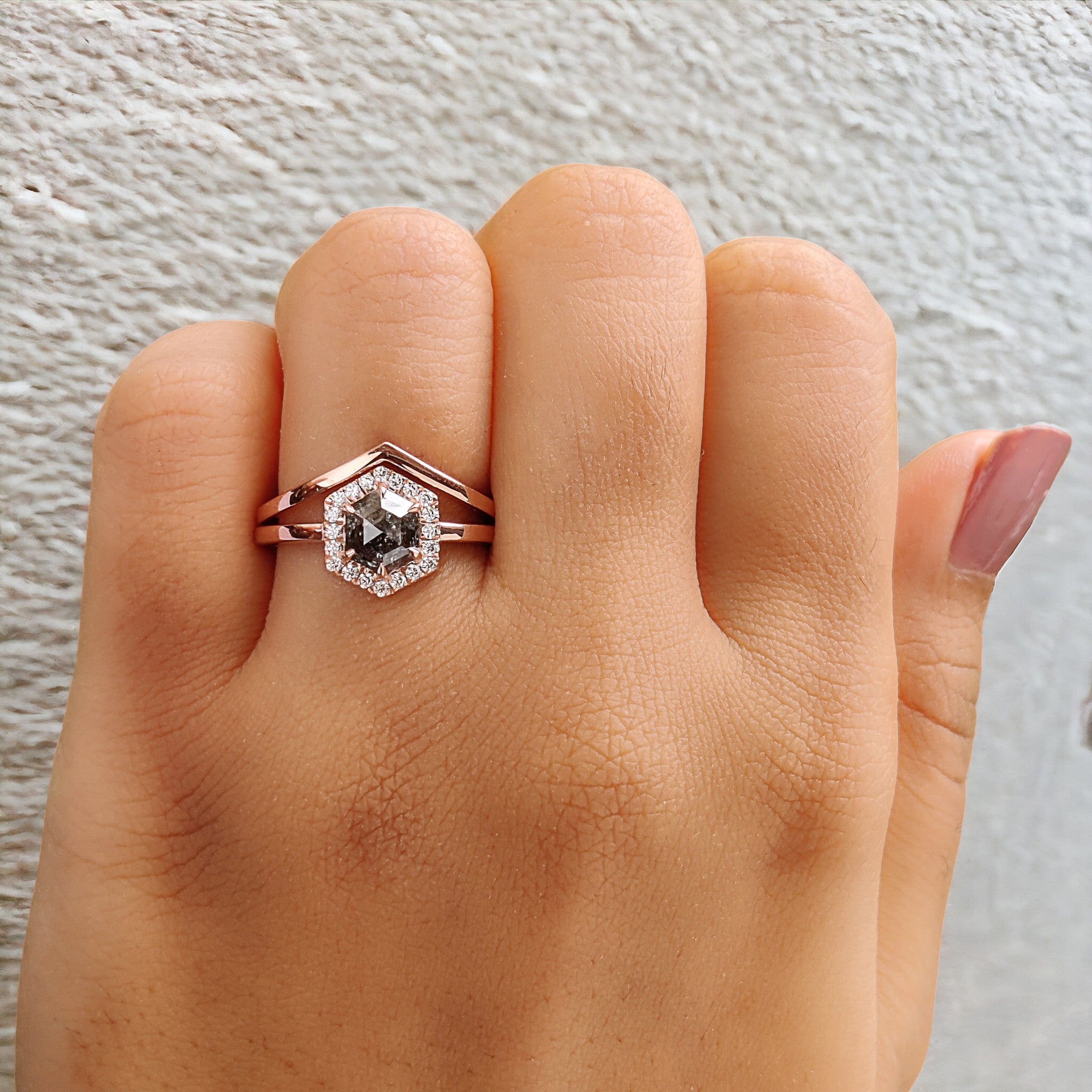 Hexagon Cut Salt And Pepper Diamond Ring 0.88 Ct 6.80 MM Hexagon Cut Diamond Ring 14K Rose Gold Silver Engagement Ring Gift For Her QL9968