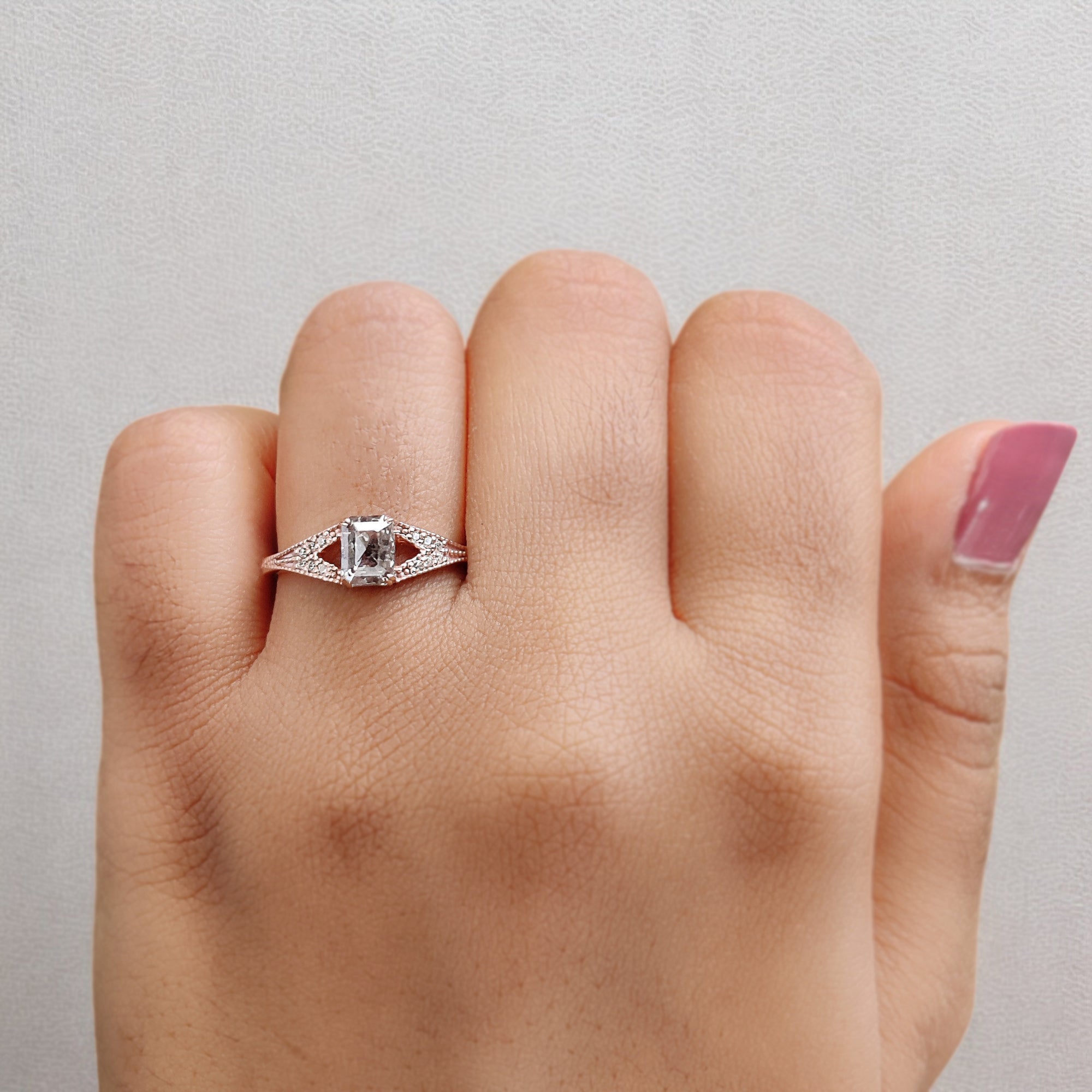 Emerald Cut Salt And Pepper Diamond Ring 0.94 Ct 5.88 MM Emerald Diamond Ring 14K Solid Rose Gold Silver Engagement Ring Gift For Her QL9559