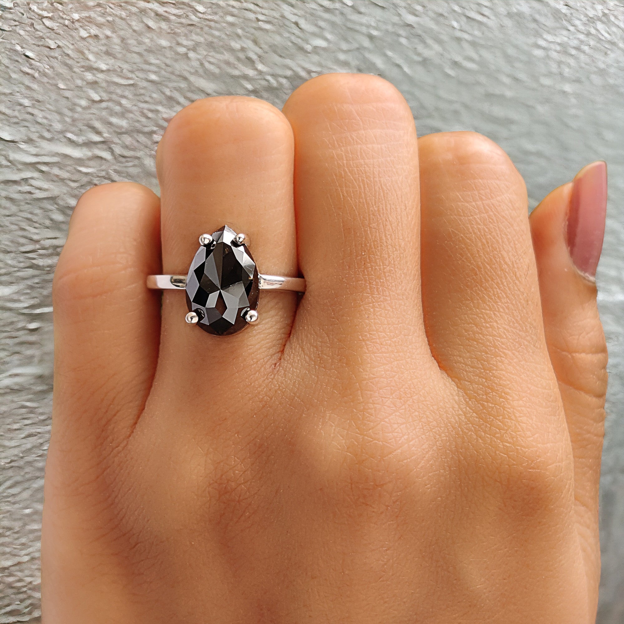 Pear Shape Black Color Diamond Ring 4.27 Ct 12.52 MM Pear Cut Diamond Ring 14K Solid White Gold Silver Engagement Ring Gift For Her QL2155