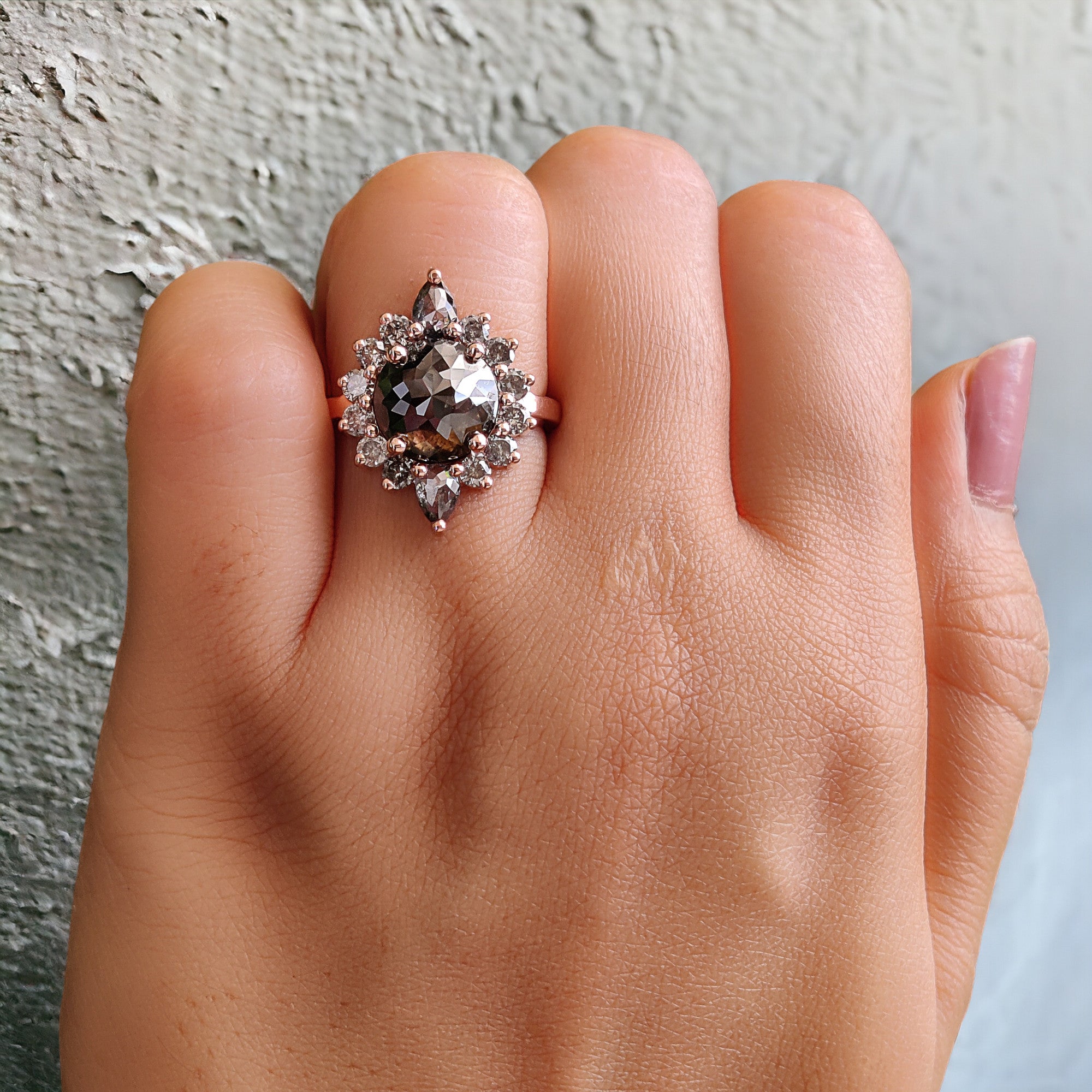 Round Rose Cut Salt And Pepper Diamond Ring 4.20 Ct 9.90 MM Round Diamond Ring 14K Rose Gold Silver Engagement Ring Gift For Her QL8509