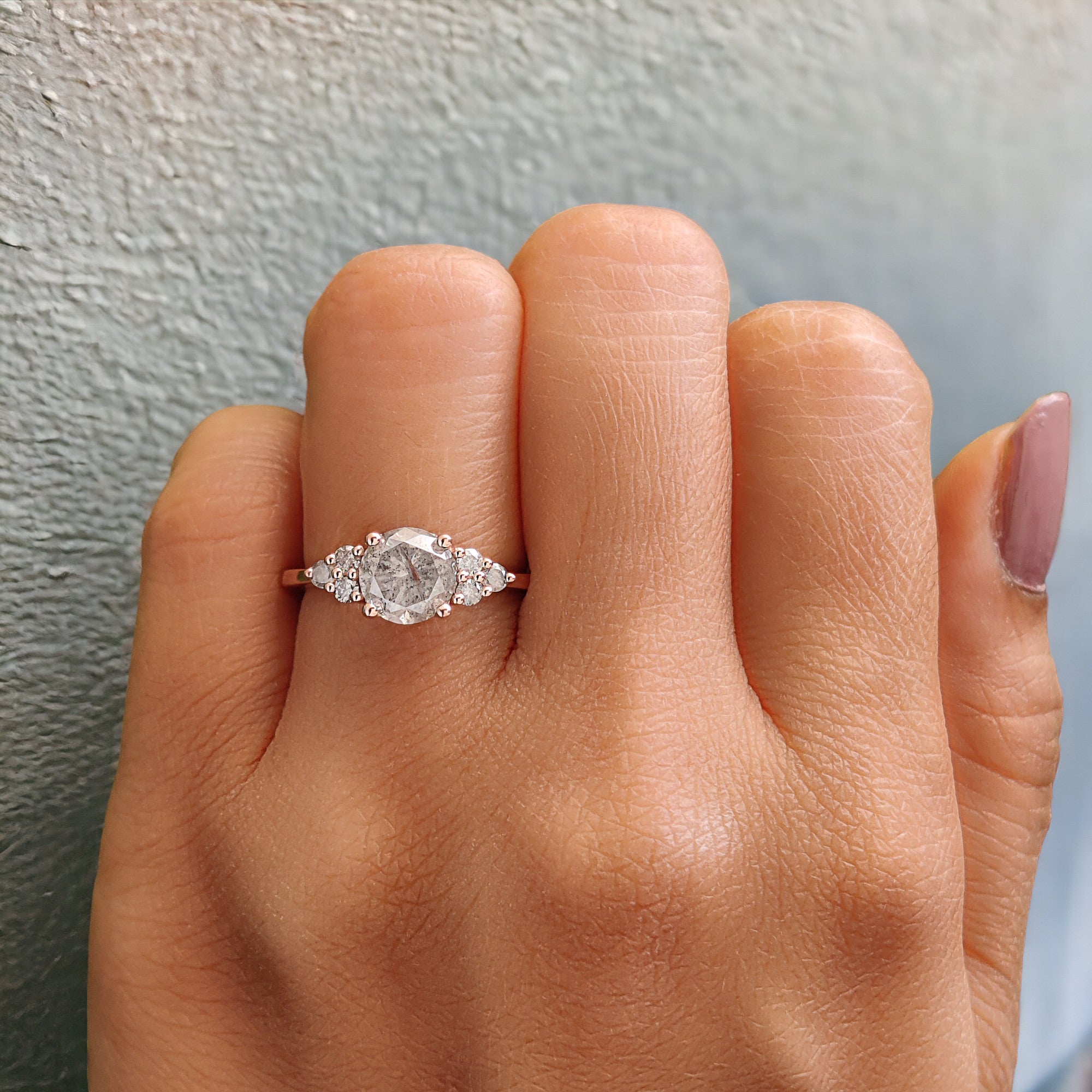 Round Cut Salt And Pepper Diamond Ring 1.43 Ct 6.75 MM Round Diamond Ring 14K Solid Rose Gold Silver Engagement Ring Gift For Her QL8207