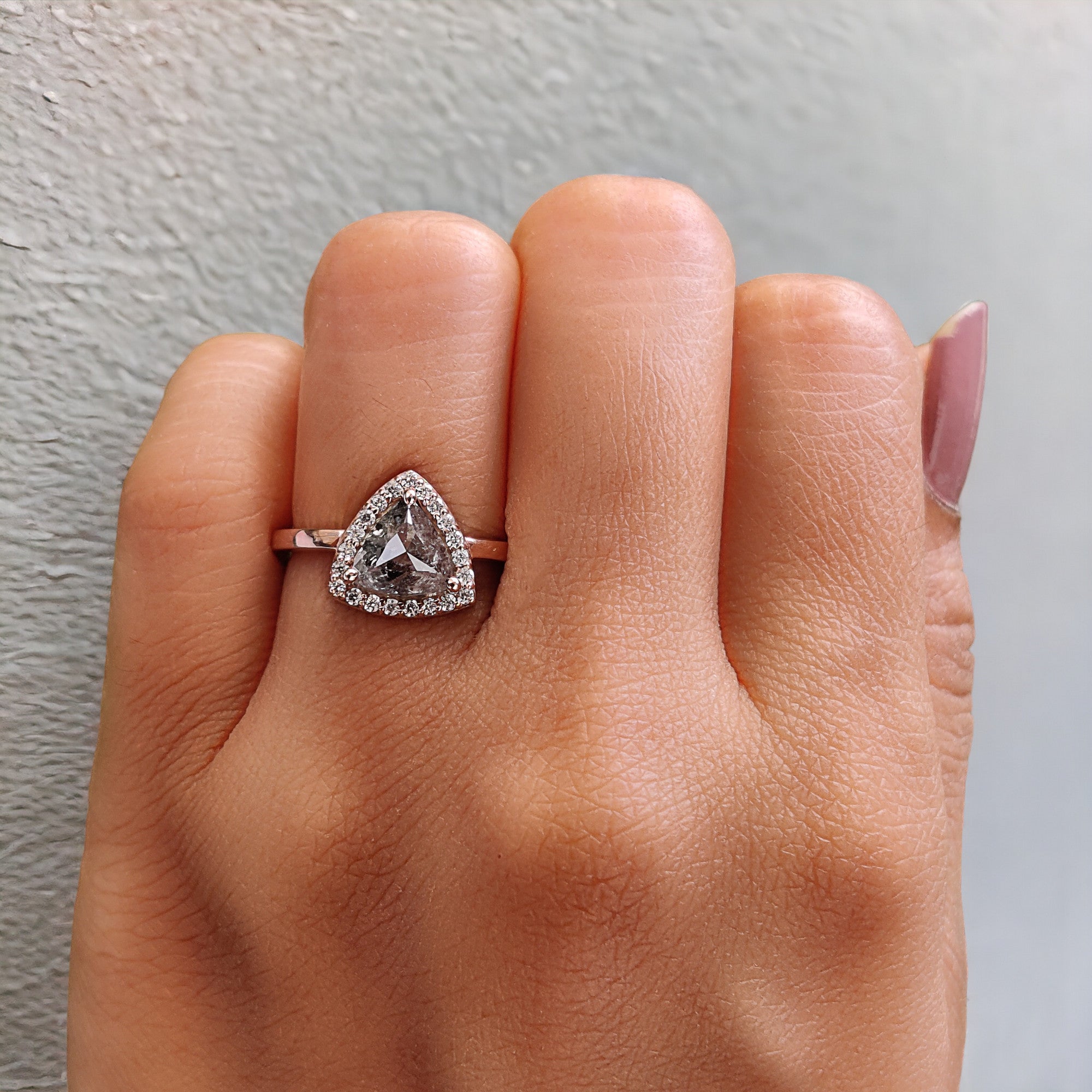 Triangle Salt And Pepper Diamond Ring 1.62 Ct 7.00 MM Triangle Diamond Ring 14K Solid Rose Gold Silver Engagement Ring Gift For Her QL128