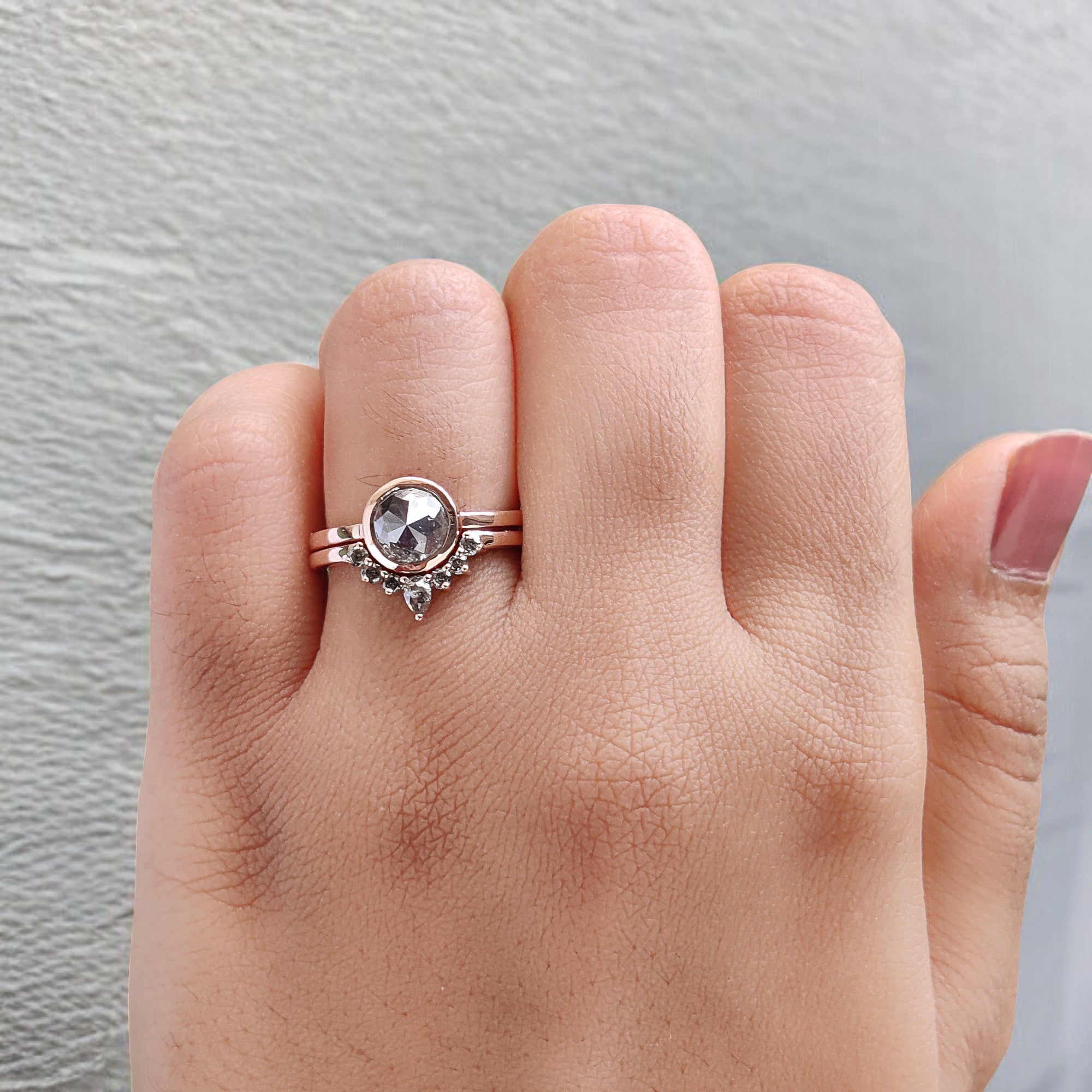 Round Rose Cut Salt And Pepper Diamond Ring 1.54 Ct 6.73 MM Round Diamond Ring 14K Rose Gold Silver Engagement Ring Gift For Her QL1917