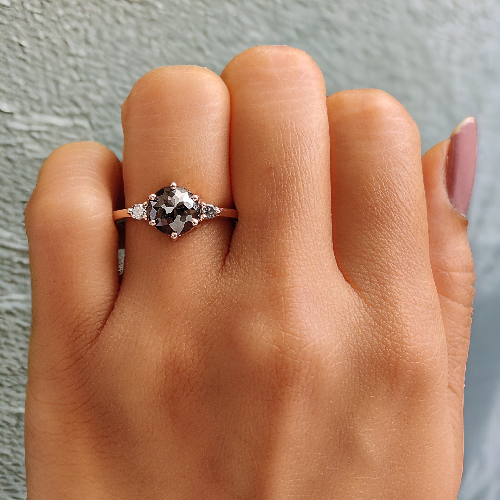 Round Rose Cut Salt And Pepper Diamond Ring 1.78 Ct 7.20 MM Round Diamond Ring 14K Rose Gold Silver Engagement Ring Gift For Her QN9666