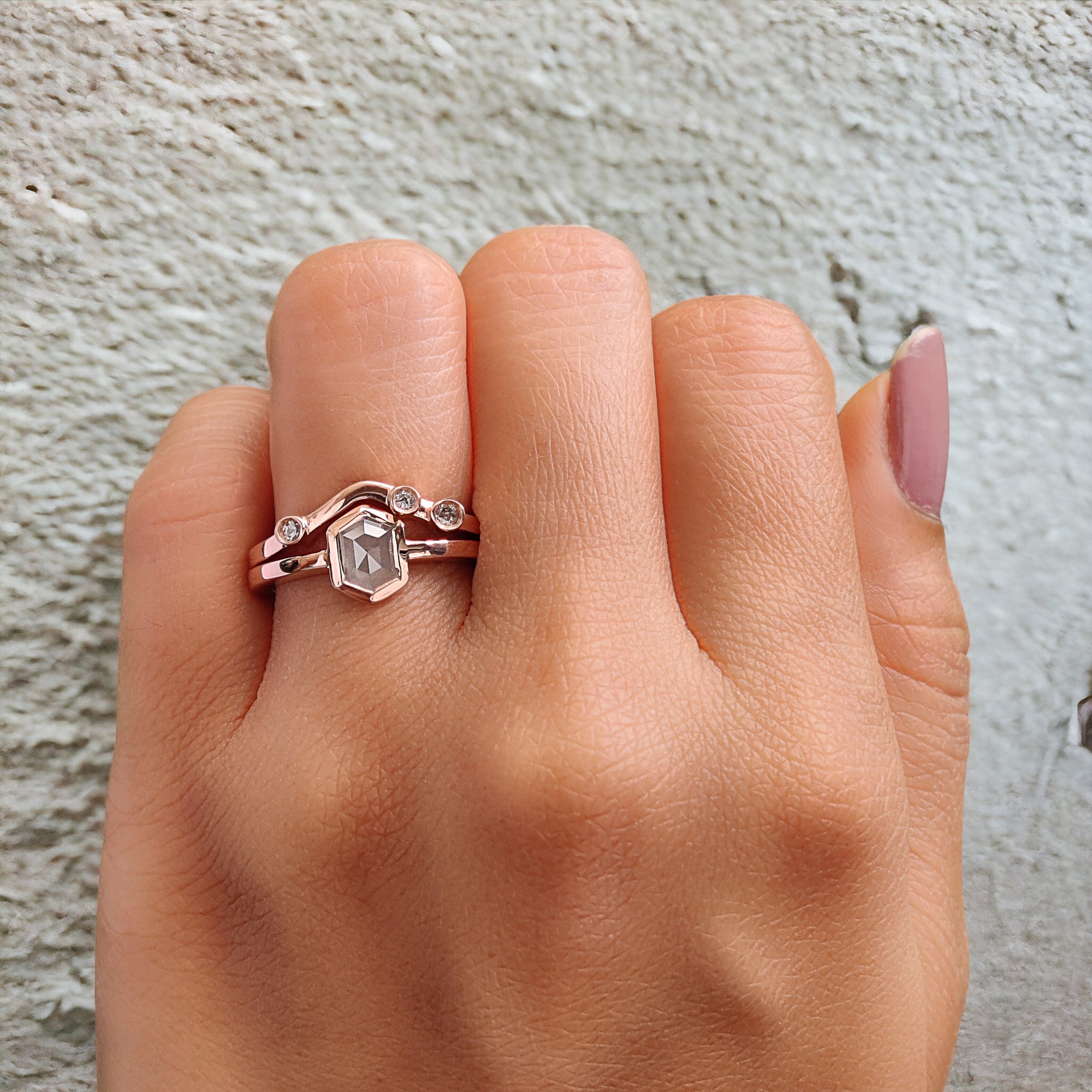 Hexagon Cut Salt And Pepper Diamond Ring 0.76 Ct 6.50 MM Hexagon Cut Diamond Ring 14K Rose Gold Silver Engagement Ring Gift For Her QL1121