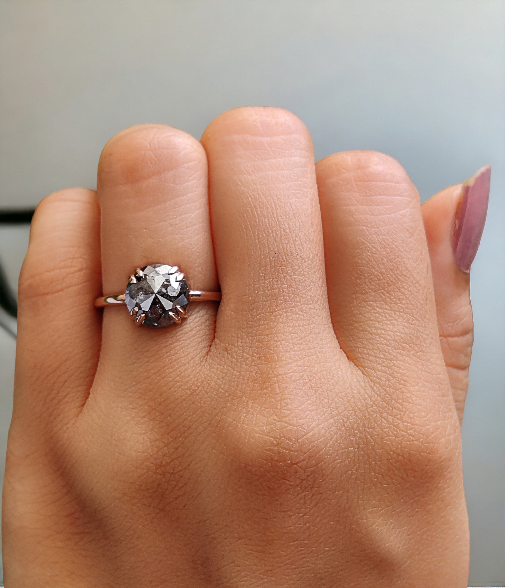 Round Rose Cut Salt And Pepper Diamond Ring 2.32 Ct 8.54 MM Round Diamond Ring 14K Rose Gold Silver Engagement Ring Gift For Her QL2435