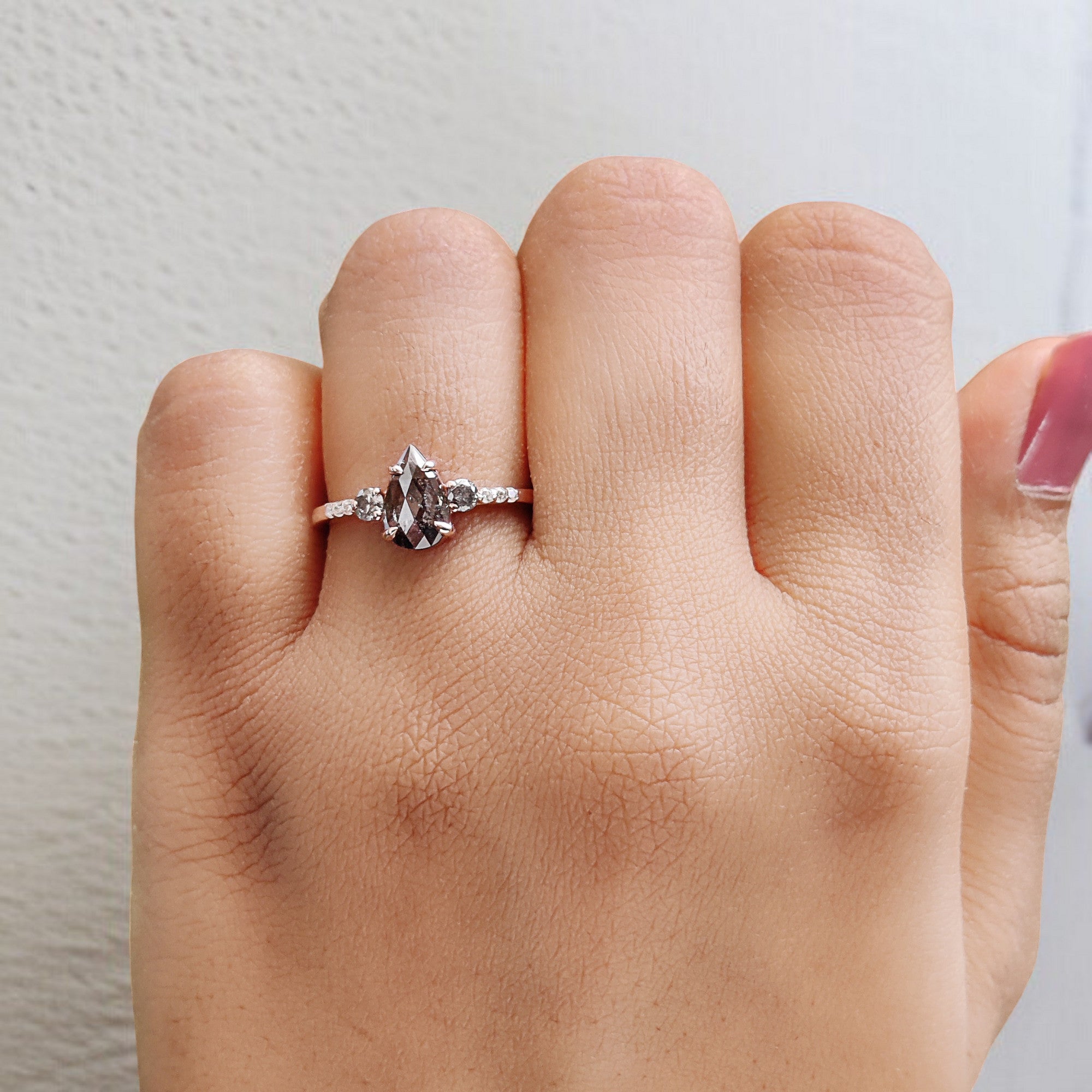 Pear Cut Salt And Pepper Diamond Ring 0.62 Ct 8.20 MM Pear Diamond Ring 14K Solid Rose Gold Silver Pear Engagement Ring Gift For Her QL1574