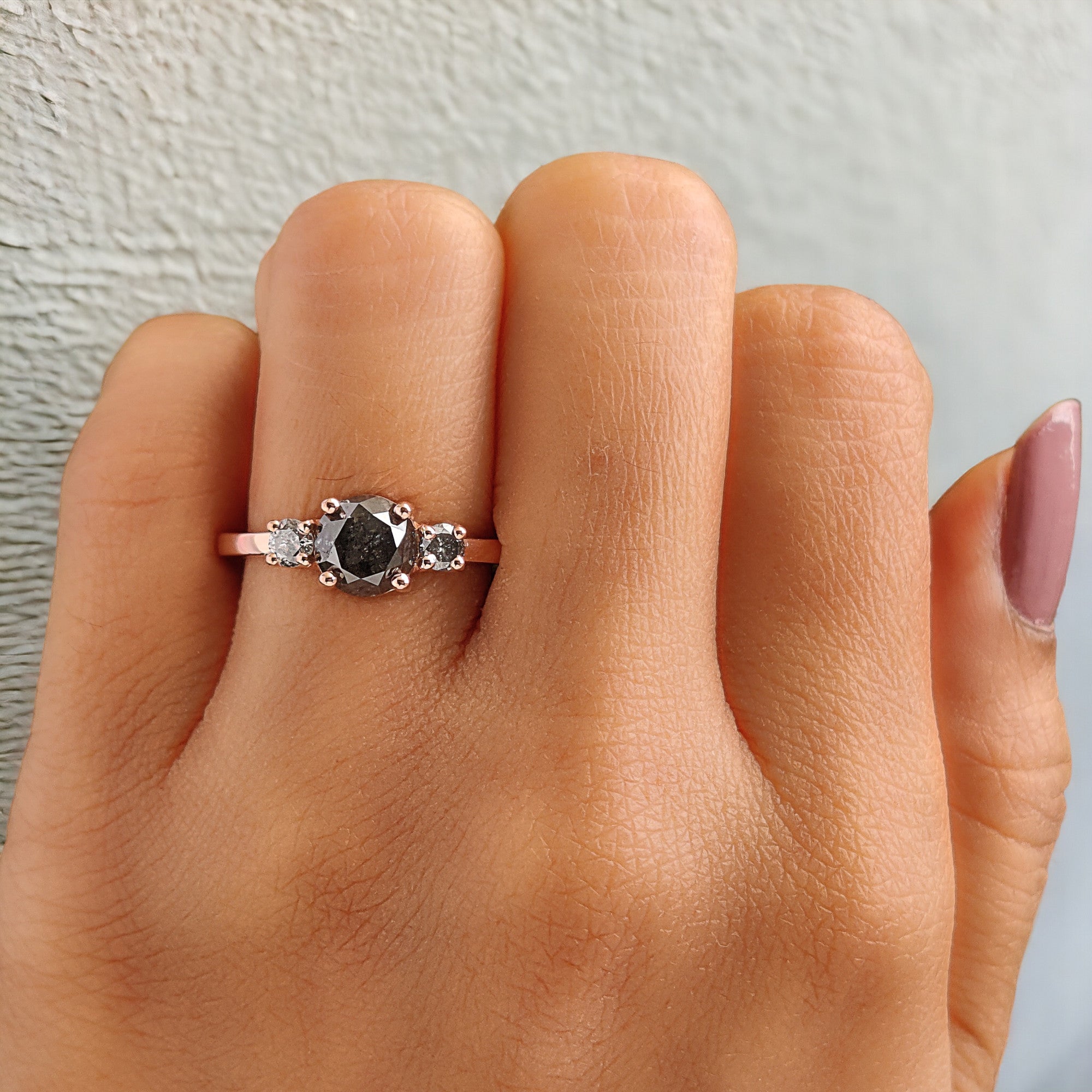 Round Cut Salt And Pepper Diamond Ring 1.47 Ct 6.45 MM Round Diamond Ring 14K Solid Rose Gold Silver Engagement Ring Gift For Her QN9377