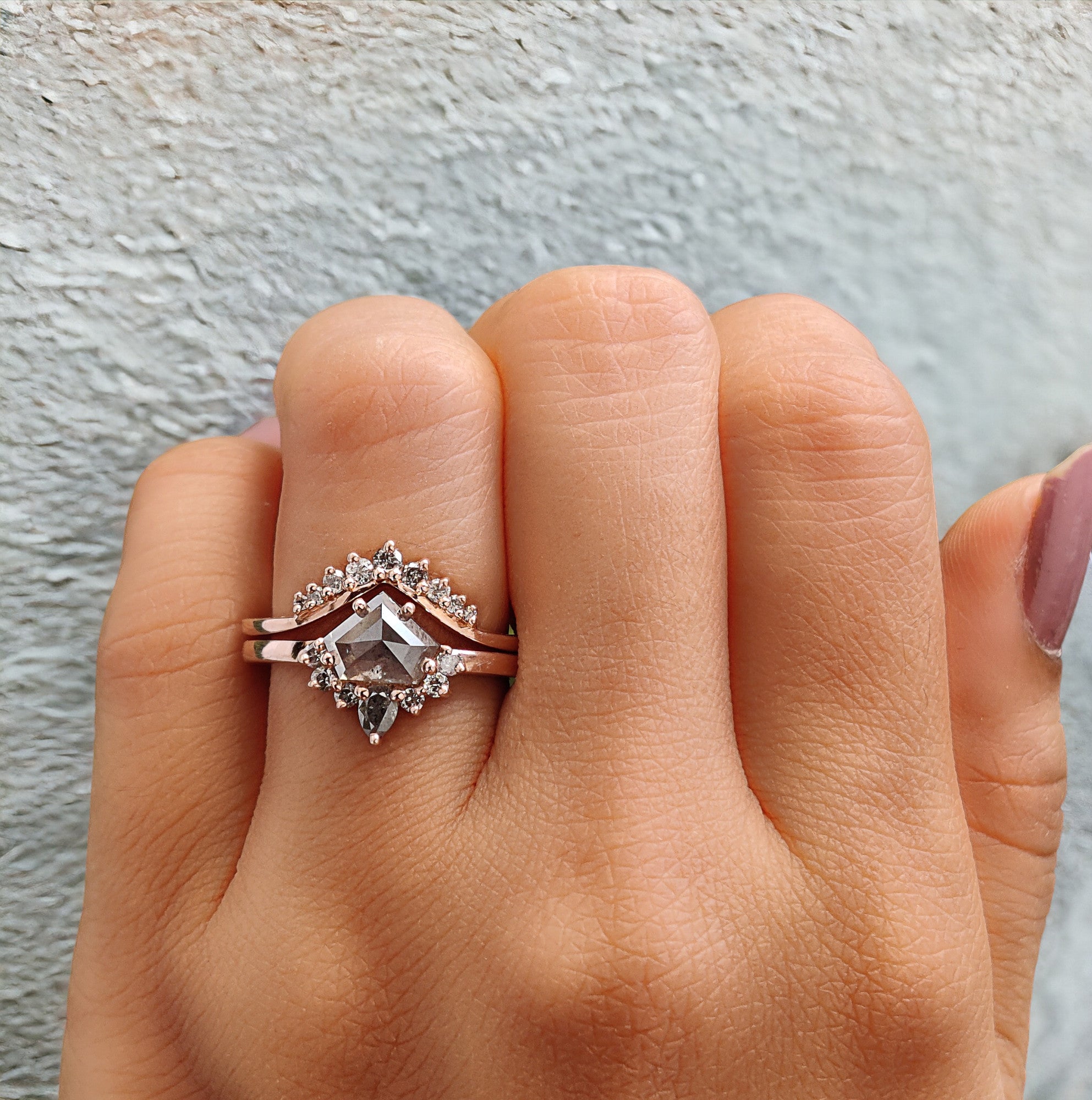 Shield Cut Salt And Pepper Diamond Ring 1.29 Ct 6.00 MM Shield Diamond Ring 14K Solid Rose Gold Silver Engagement Ring Gift For Her QK2172