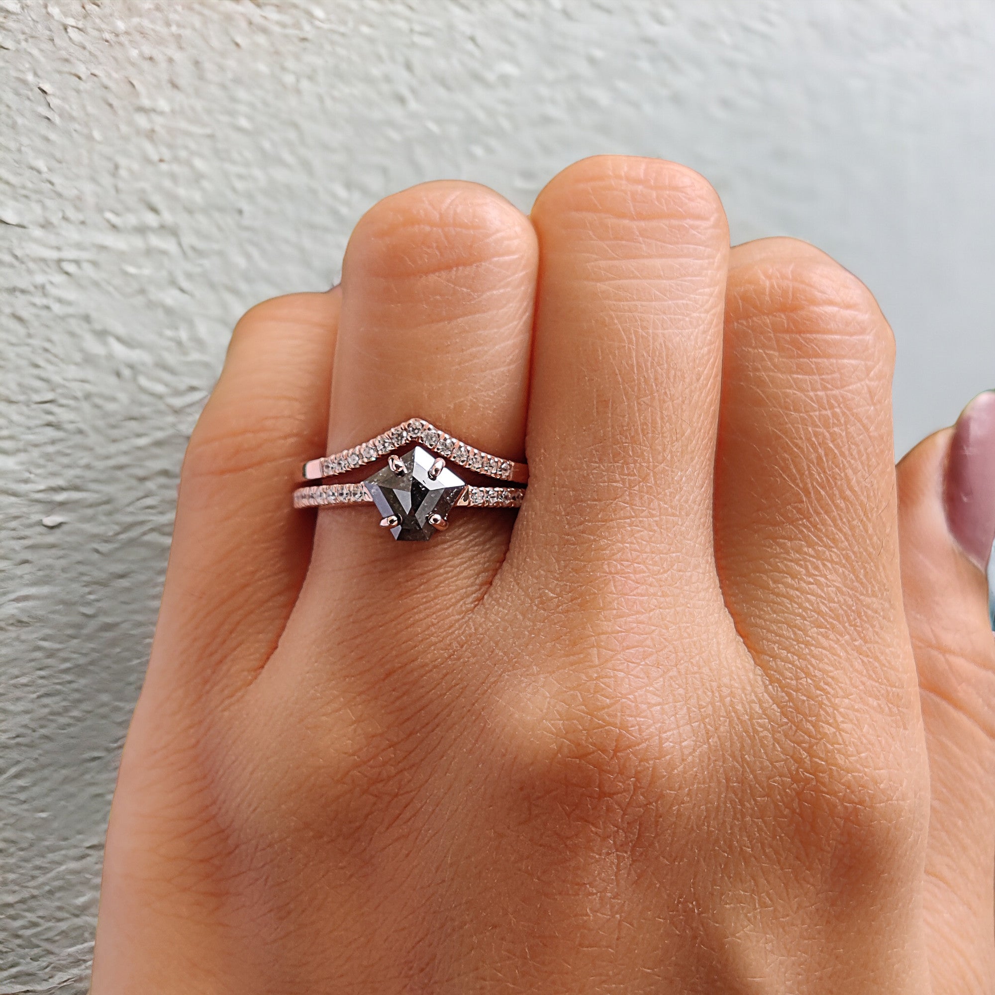 Pentagon Cut Salt And Pepper Diamond Ring 0.98 Ct 7.00 MM Pentagon Diamond Ring 14K Rose Gold Silver Engagement Ring Gift For Her QL1222