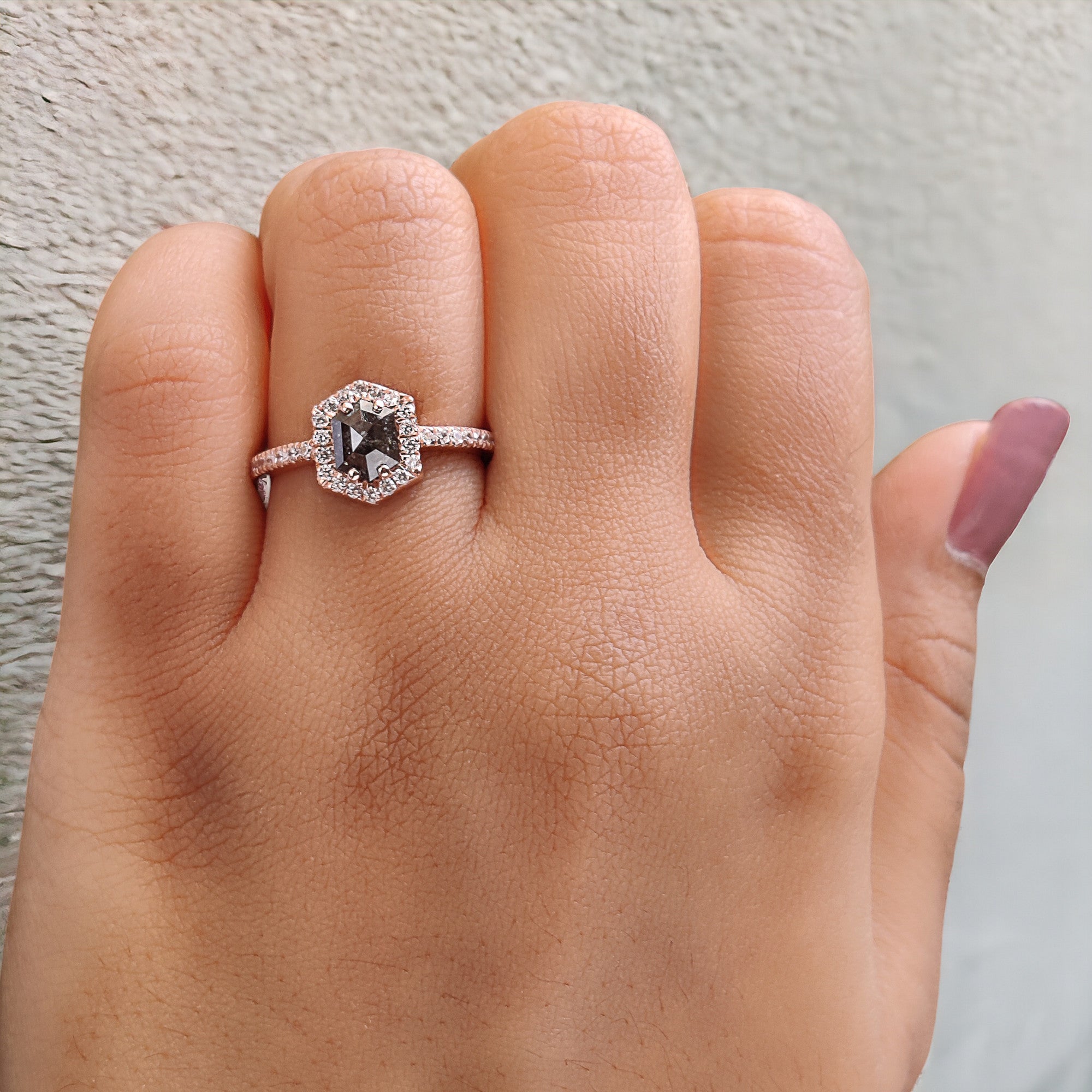 Hexagon Salt And Pepper Diamond Ring 0.80 Ct 6.30 MM Hexagon Cut Diamond Ring 14K Solid Rose Gold Silver Engagement Ring Gift For Her QN1135