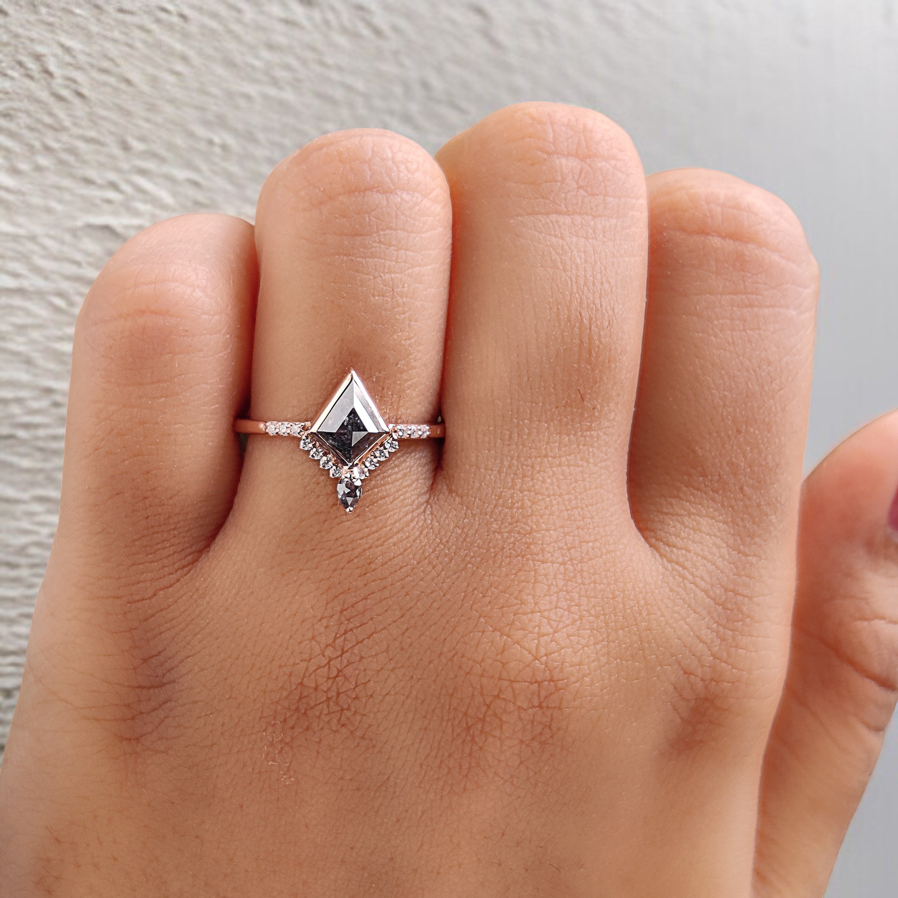 Kite Cut Salt And Pepper Diamond Ring 0.60 Ct 7.20 MM Kite Diamond Ring 14K Solid Rose Gold Silver Kite Engagement Ring Gift For Her QN2095